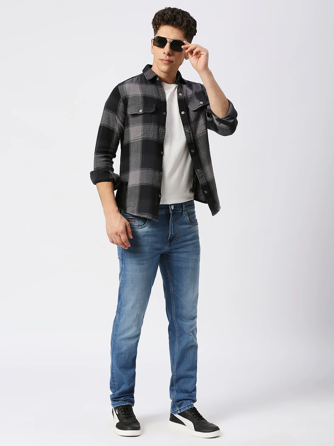Full Sleeves Slim Fit Grey Heavy Structure Double Pocket Checks Shirt - Image 8