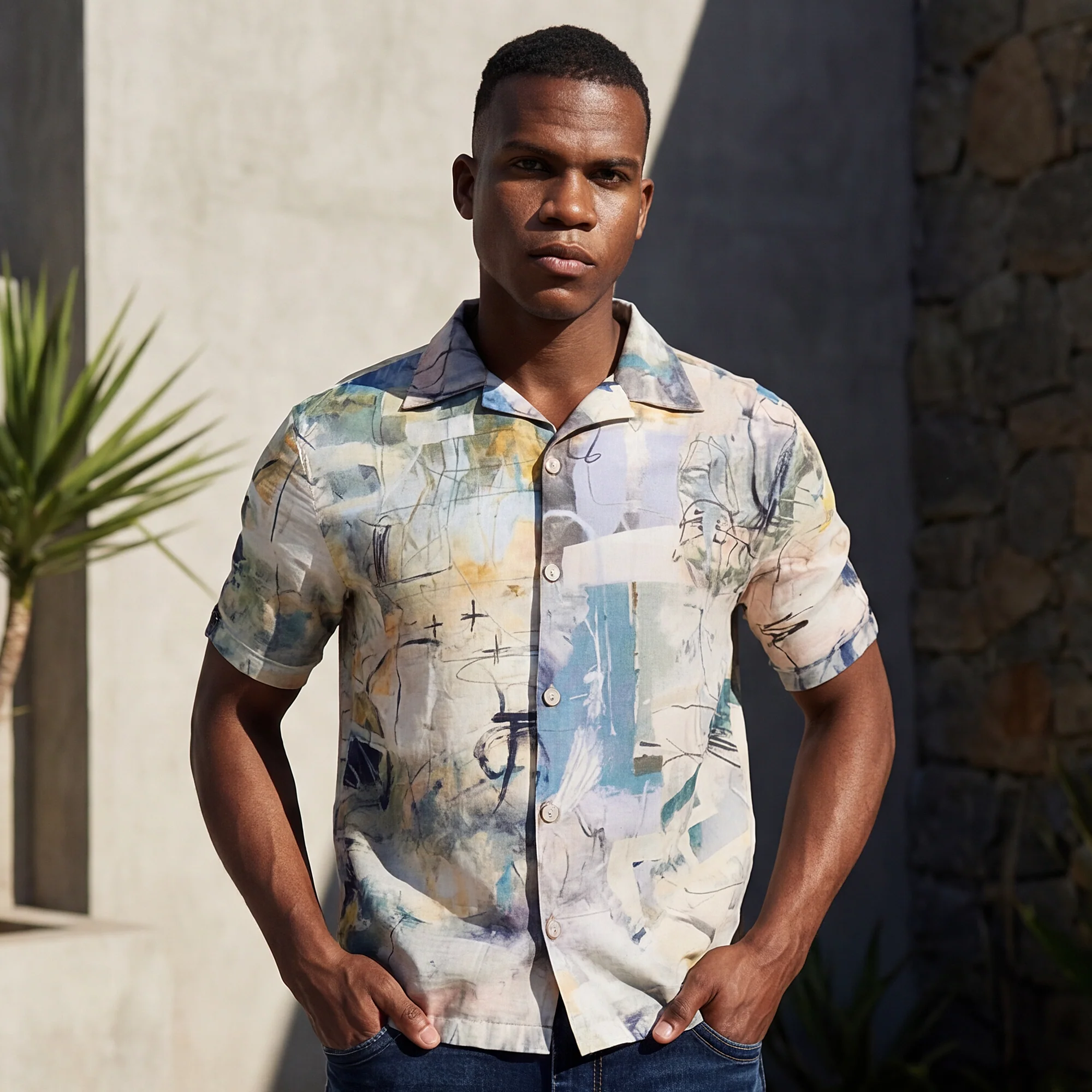 Half Sleeves Regular Fit Grey Bold abstract painterly Cuban Collar Print Shirt - Image 2
