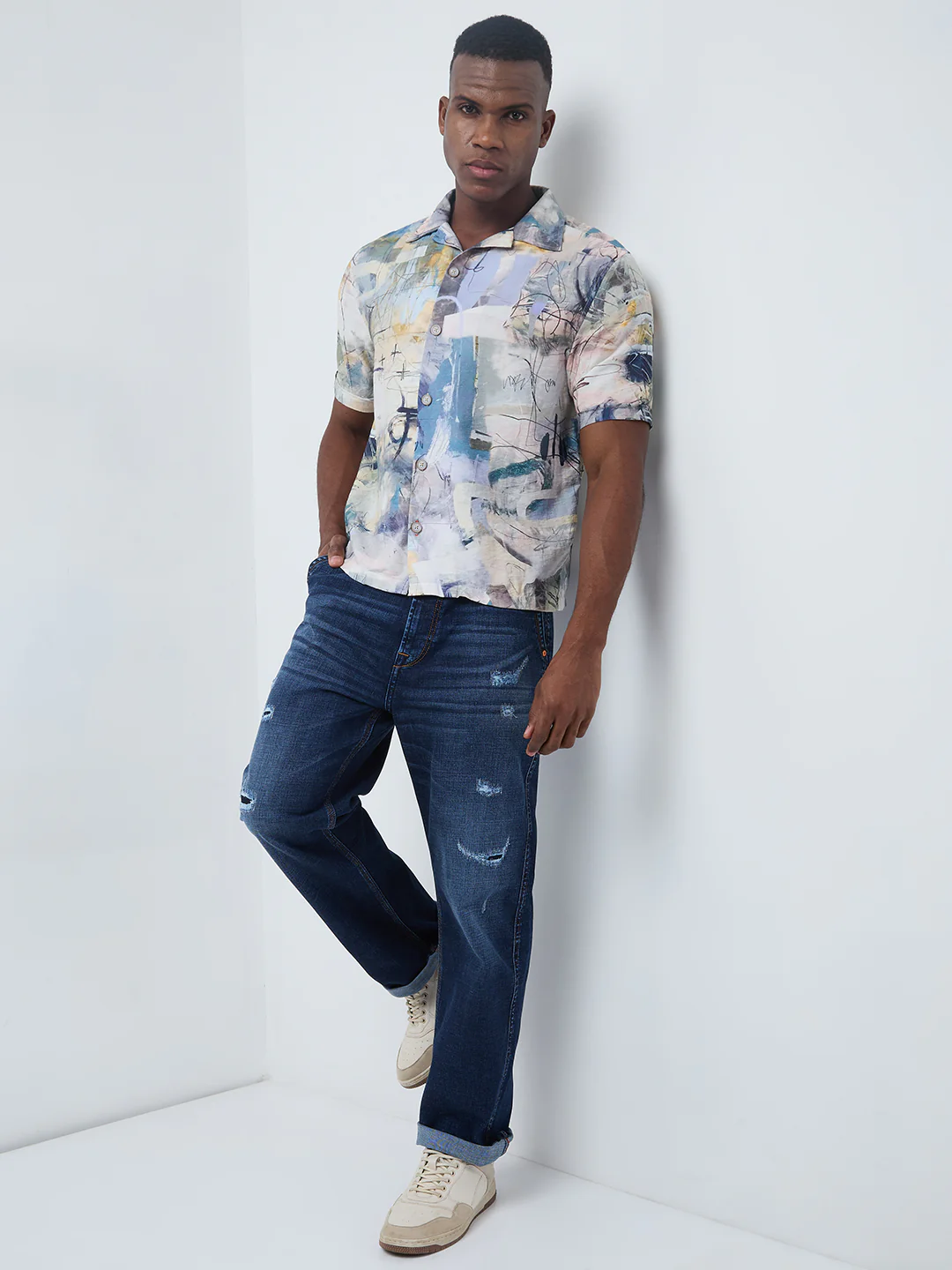 Half Sleeves Regular Fit Grey Bold abstract painterly Cuban Collar Print Shirt - Image 3