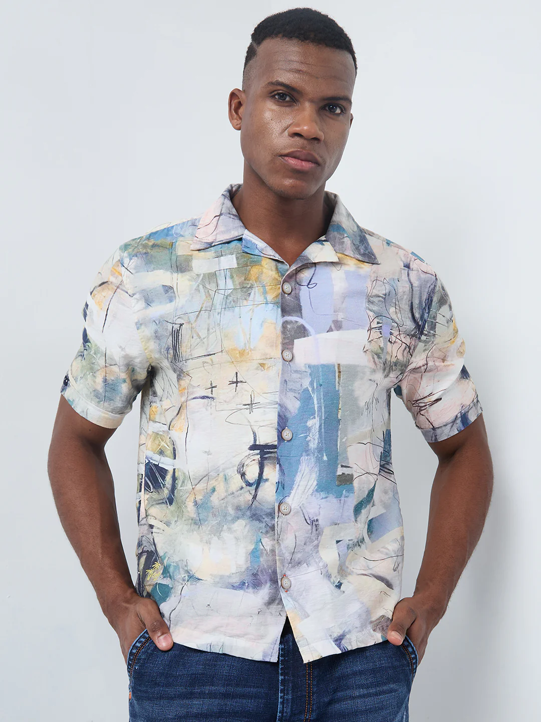 Half Sleeves Regular Fit Grey Bold abstract painterly Cuban Collar Print Shirt - Image 4