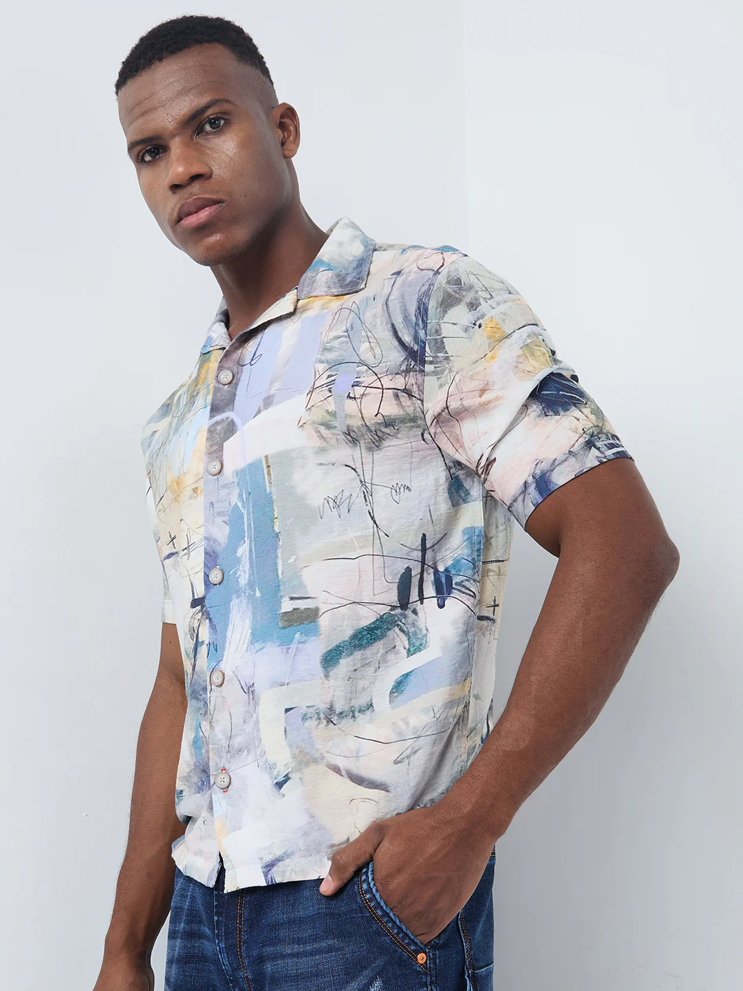 Half Sleeves Regular Fit Grey Bold abstract painterly Cuban Collar Print Shirt - Image 6