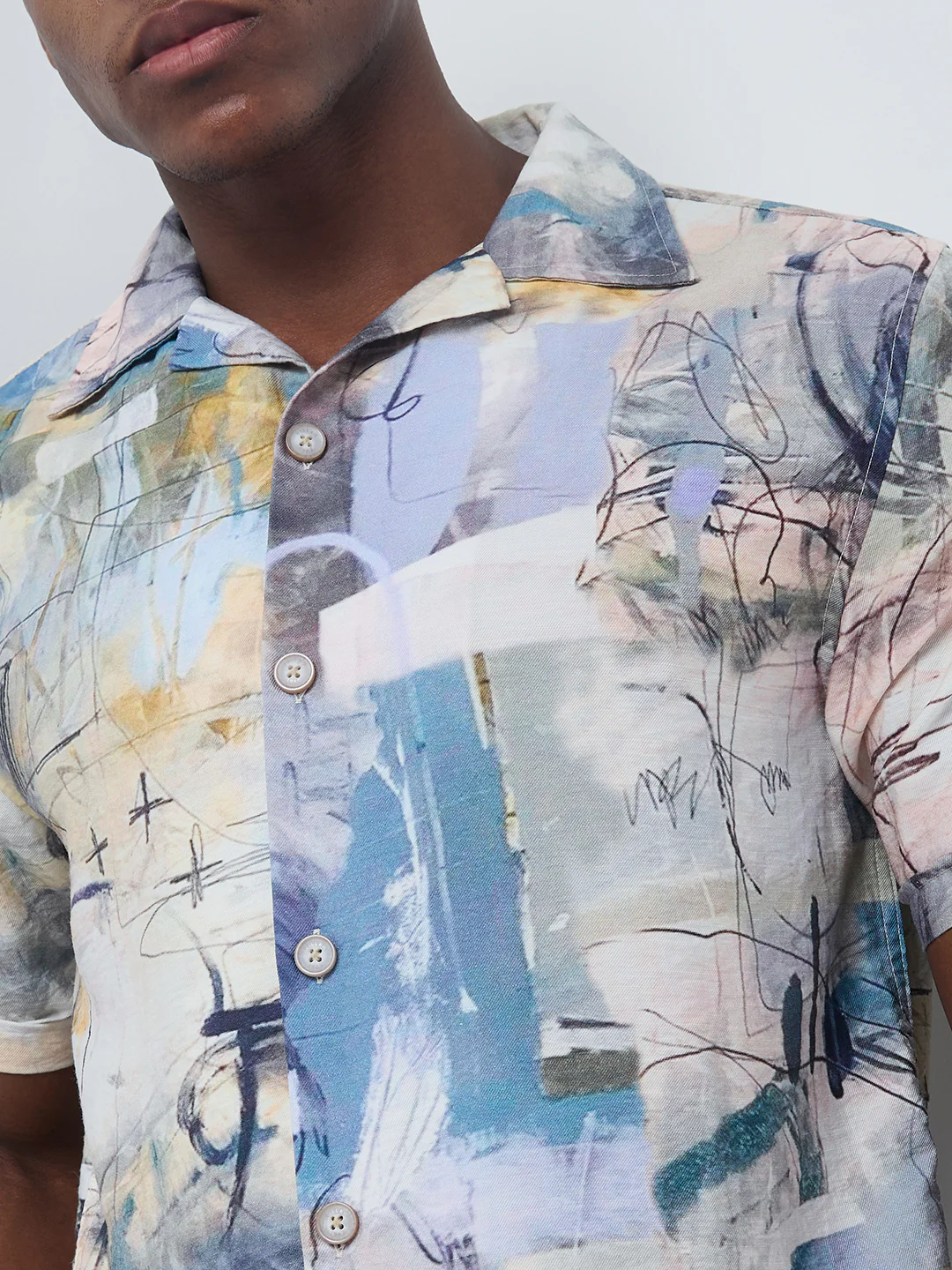 Half Sleeves Regular Fit Grey Bold abstract painterly Cuban Collar Print Shirt - Image 7