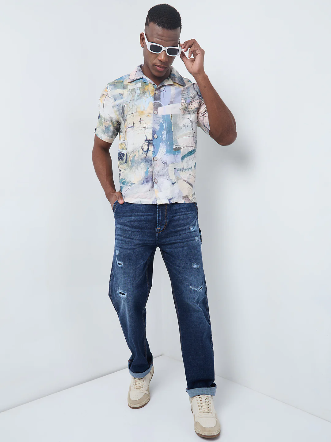 Half Sleeves Regular Fit Grey Bold abstract painterly Cuban Collar Print Shirt - Image 8