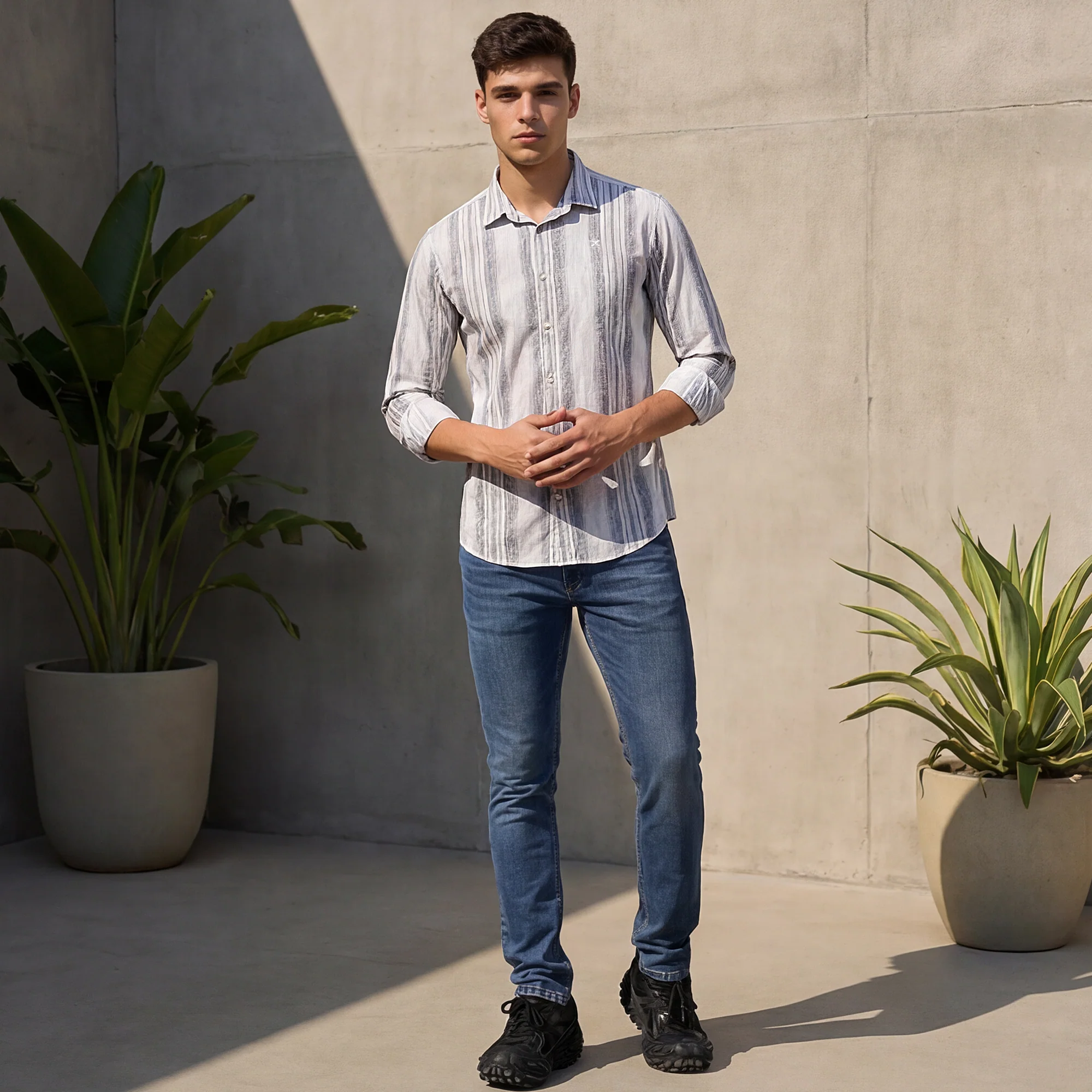 Full Sleeves Slim Fit Grey all-over Grunge Striper print Shirt