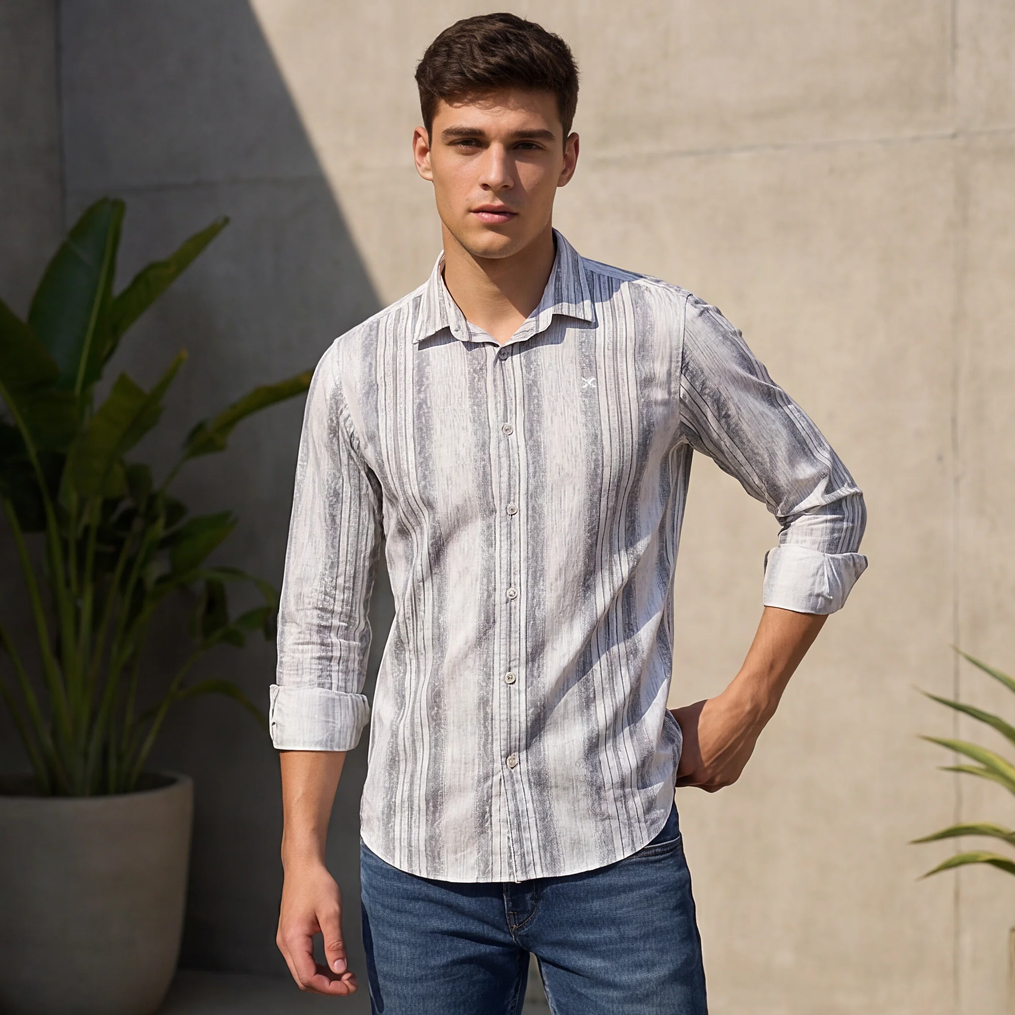Full Sleeves Slim Fit Grey all-over Grunge Striper print Shirt - Image 2