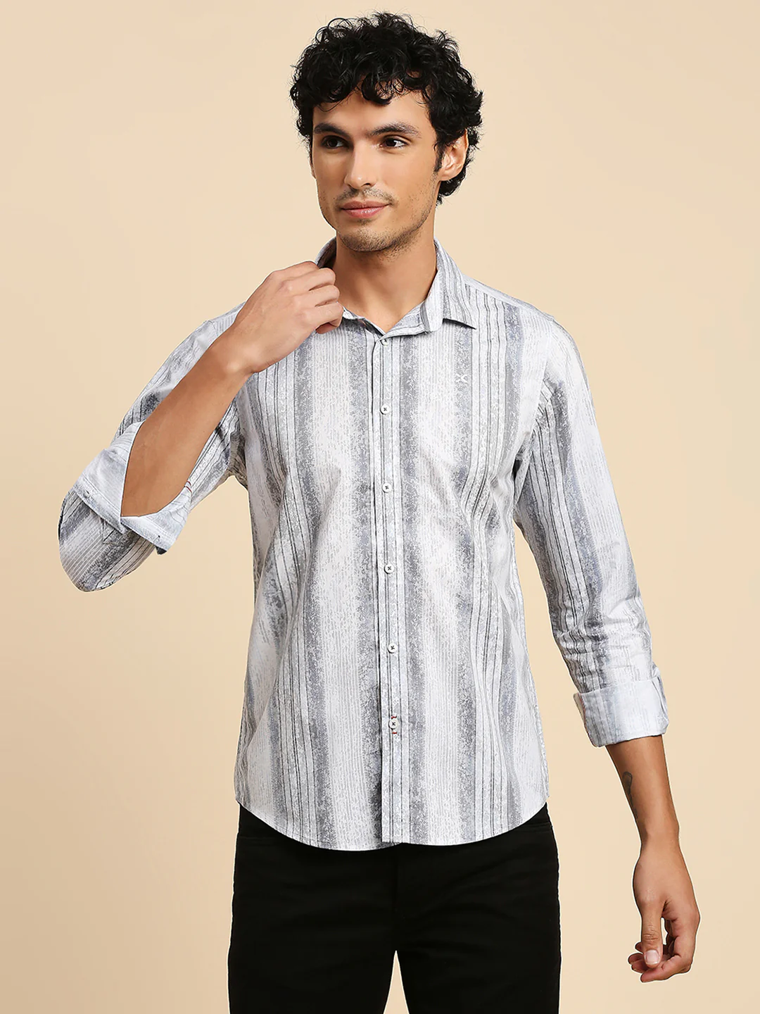 Full Sleeves Slim Fit Grey all-over Grunge Striper print Shirt - Image 3