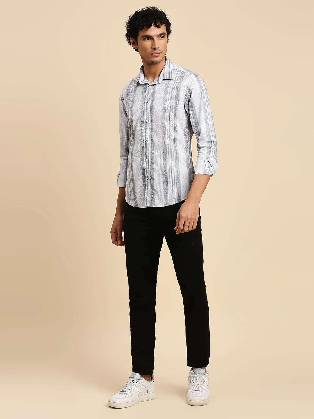 Full Sleeves Slim Fit Grey all-over Grunge Striper print Shirt - Image 4