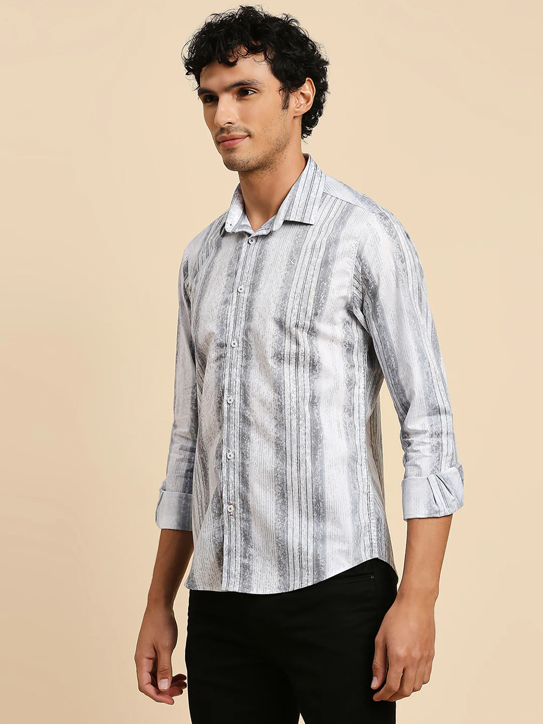 Full Sleeves Slim Fit Grey all-over Grunge Striper print Shirt - Image 5