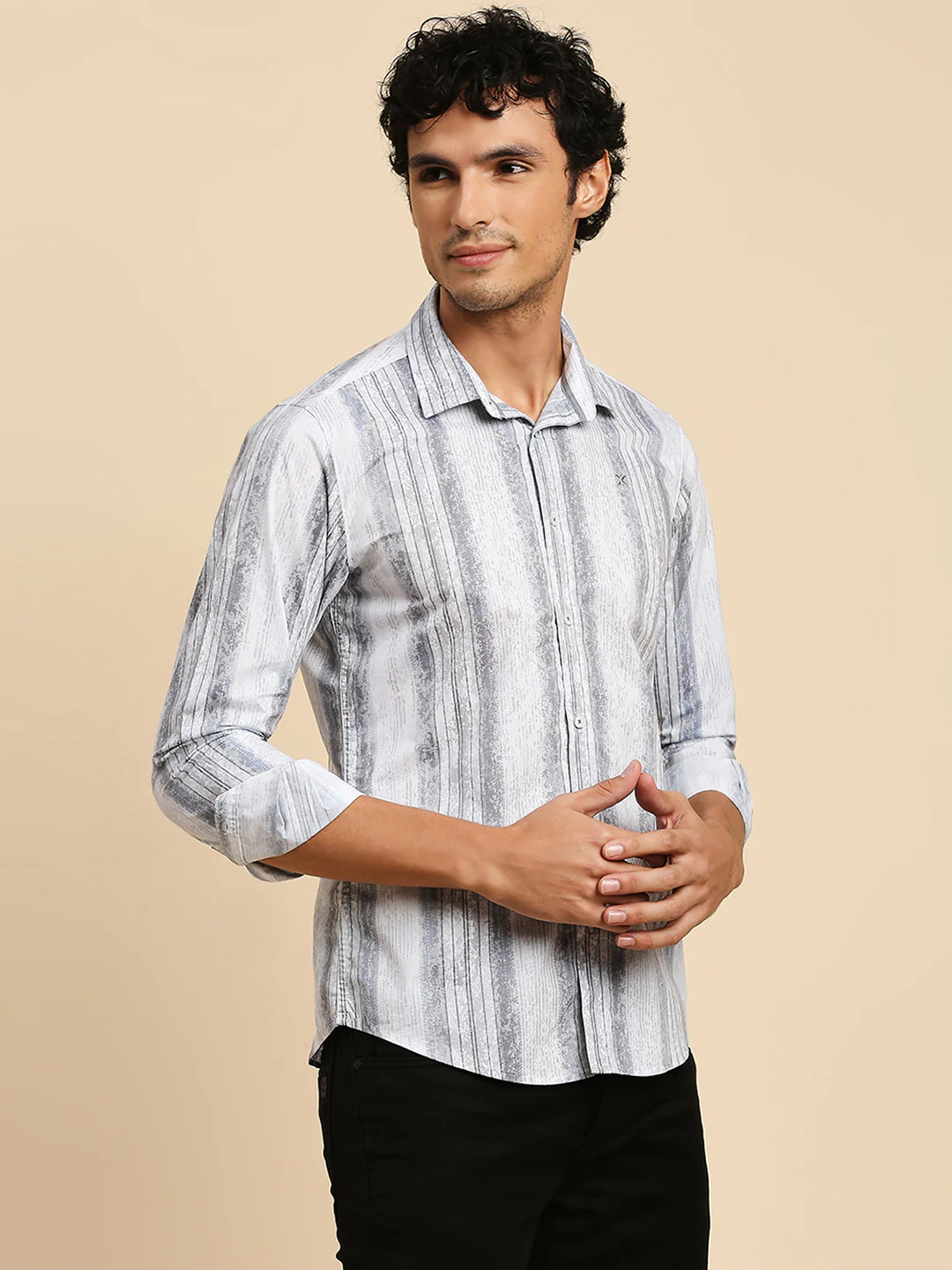 Full Sleeves Slim Fit Grey all-over Grunge Striper print Shirt - Image 6