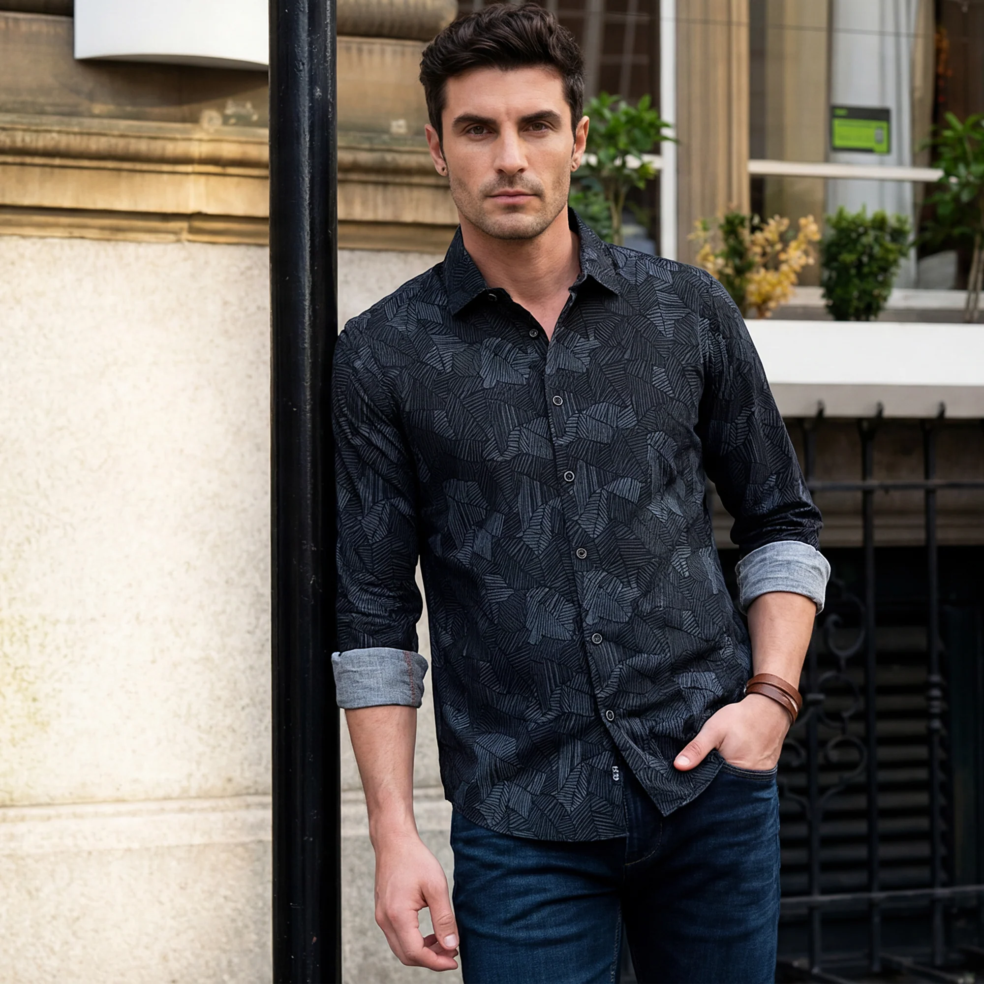 Full Sleeves Slim Fit Grey All-Over Abstract Print Shirt - Image 2