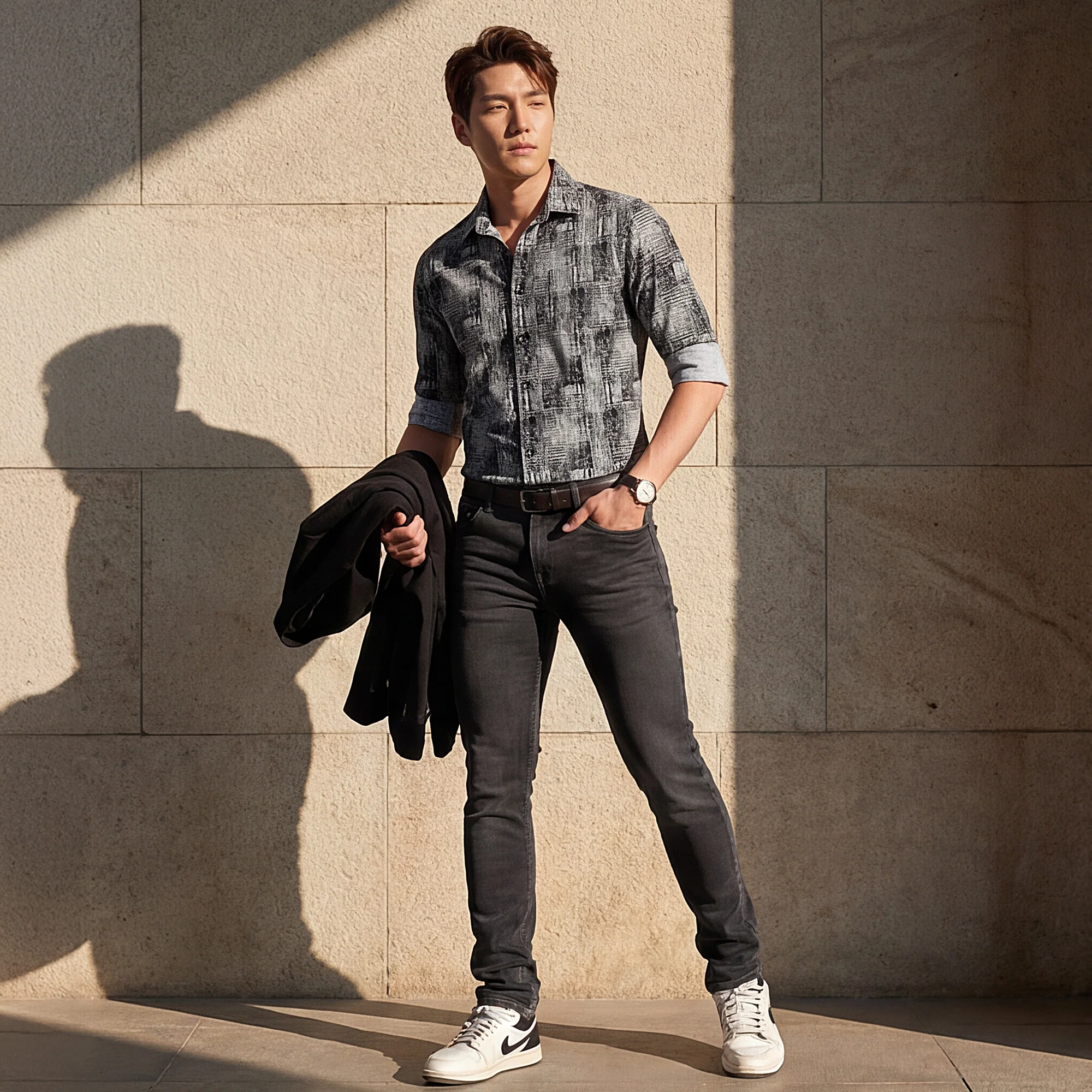 Full Sleeves Slim Fit Grey Grunge Geometric Print Shirt