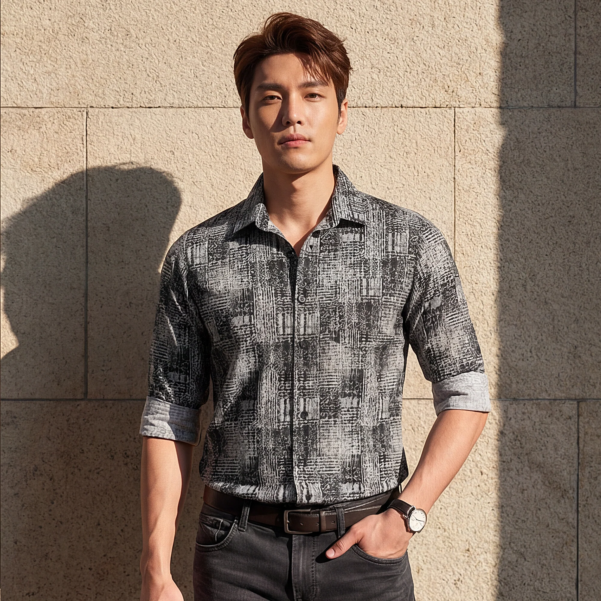 Full Sleeves Slim Fit Grey Grunge Geometric Print Shirt - Image 2