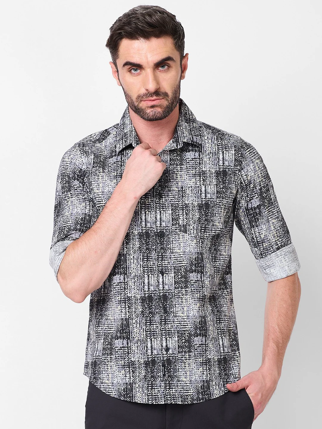 Full Sleeves Slim Fit Grey Grunge Geometric Print Shirt - Image 3