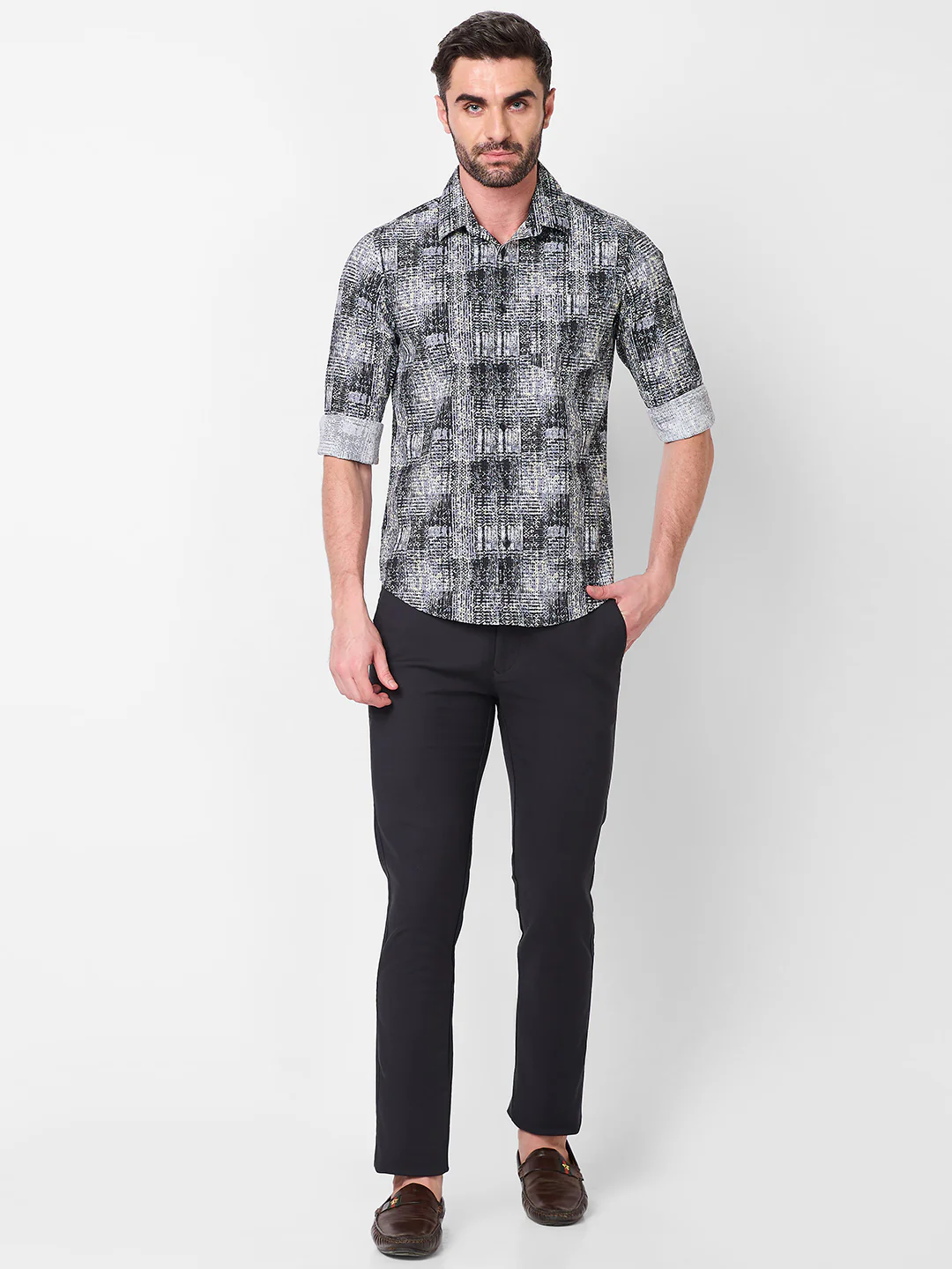 Full Sleeves Slim Fit Grey Grunge Geometric Print Shirt - Image 4