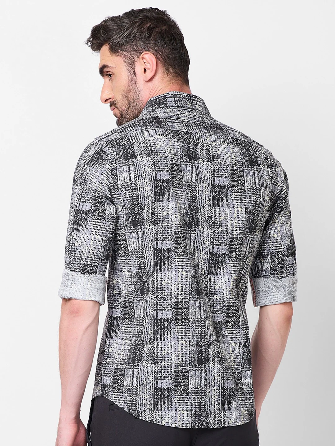 Full Sleeves Slim Fit Grey Grunge Geometric Print Shirt - Image 5