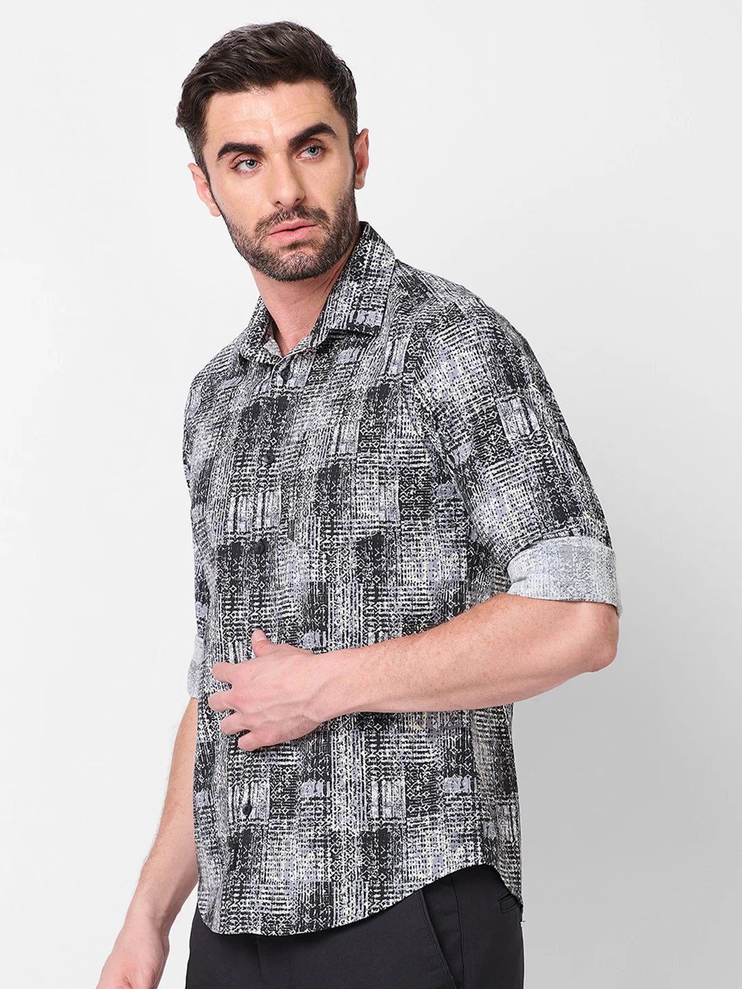 Full Sleeves Slim Fit Grey Grunge Geometric Print Shirt - Image 6