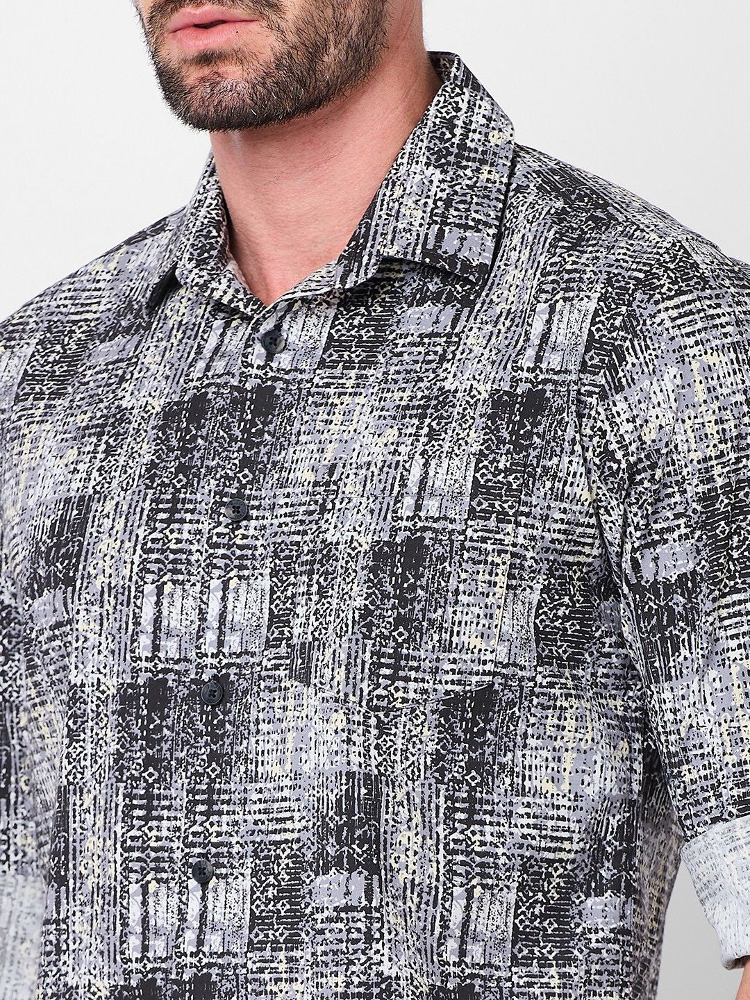 Full Sleeves Slim Fit Grey Grunge Geometric Print Shirt - Image 7