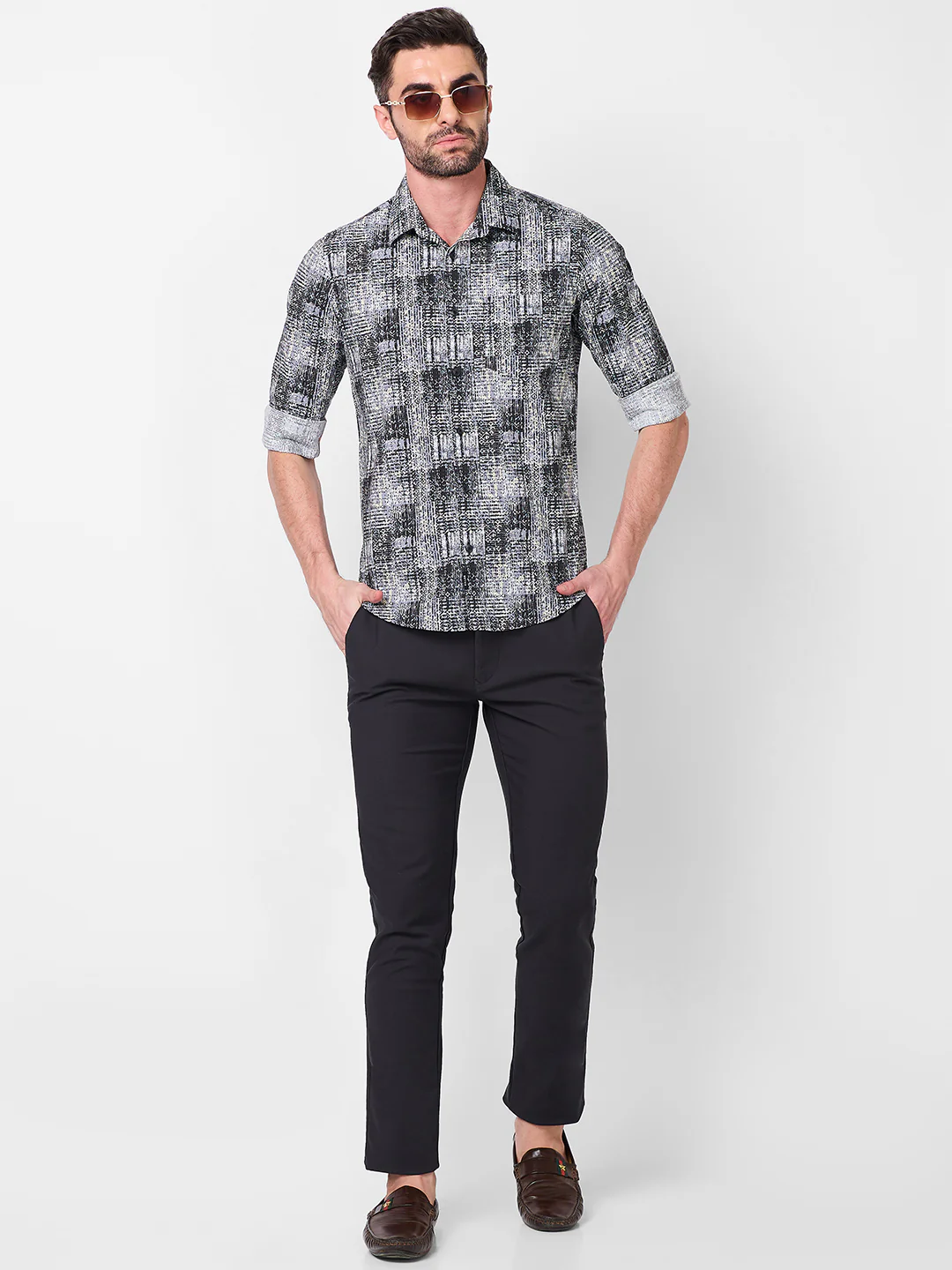 Full Sleeves Slim Fit Grey Grunge Geometric Print Shirt - Image 8