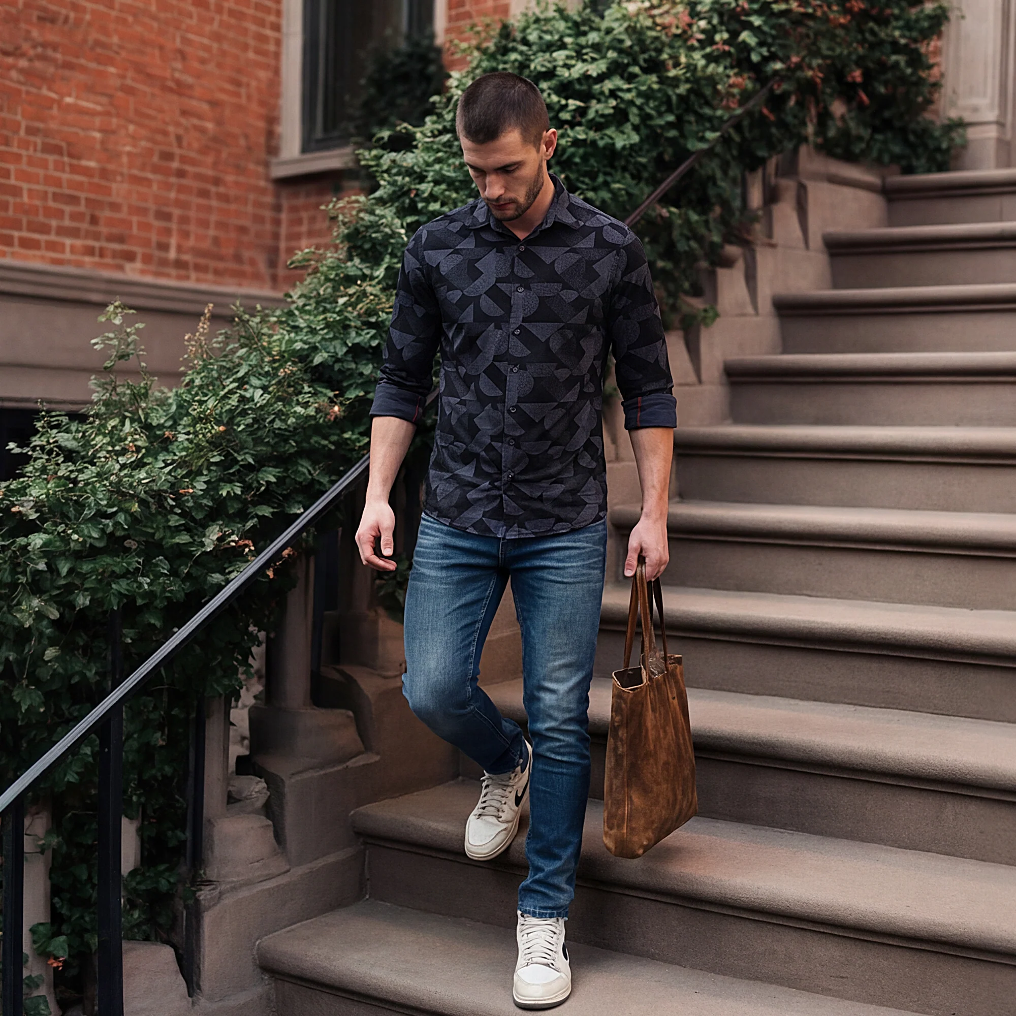 Full sleeves Slim Fit Slate Grey Angular Shapes Print Shirt