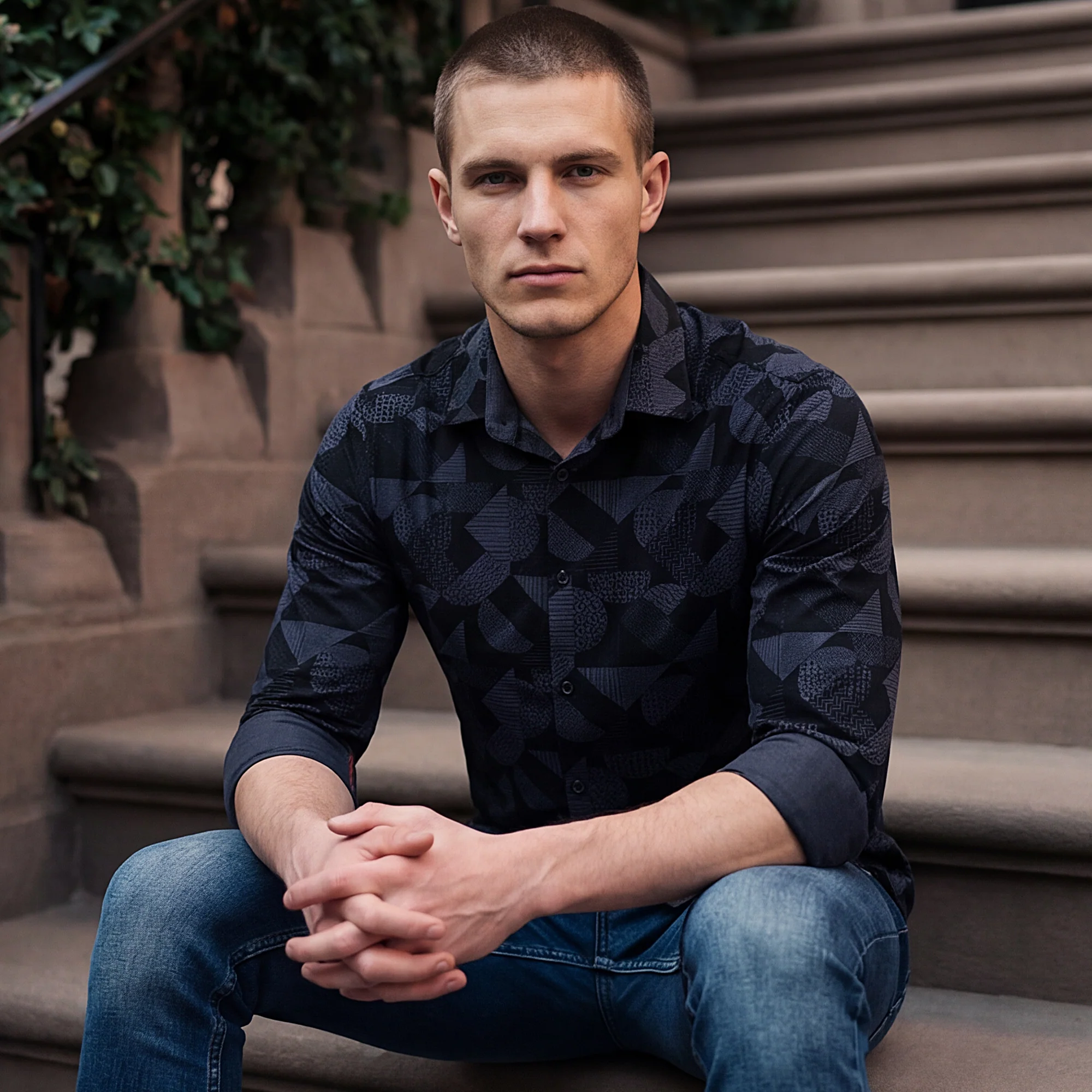 Full sleeves Slim Fit Slate Grey Angular Shapes Print Shirt - Image 2