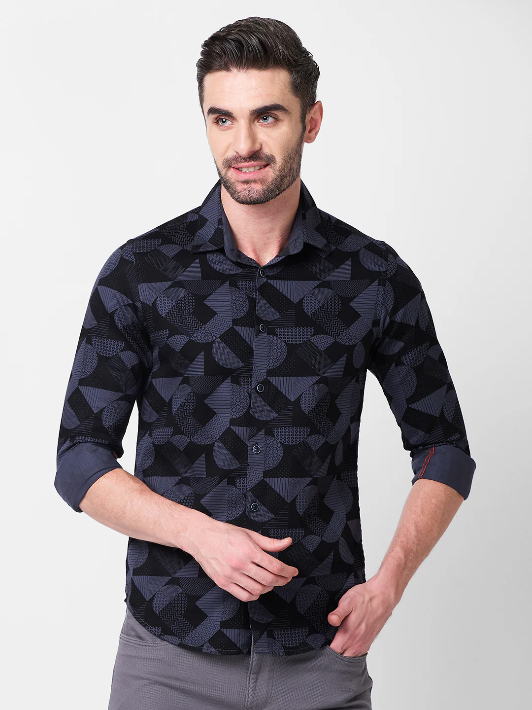 Full sleeves Slim Fit Slate Grey Angular Shapes Print Shirt - Image 3