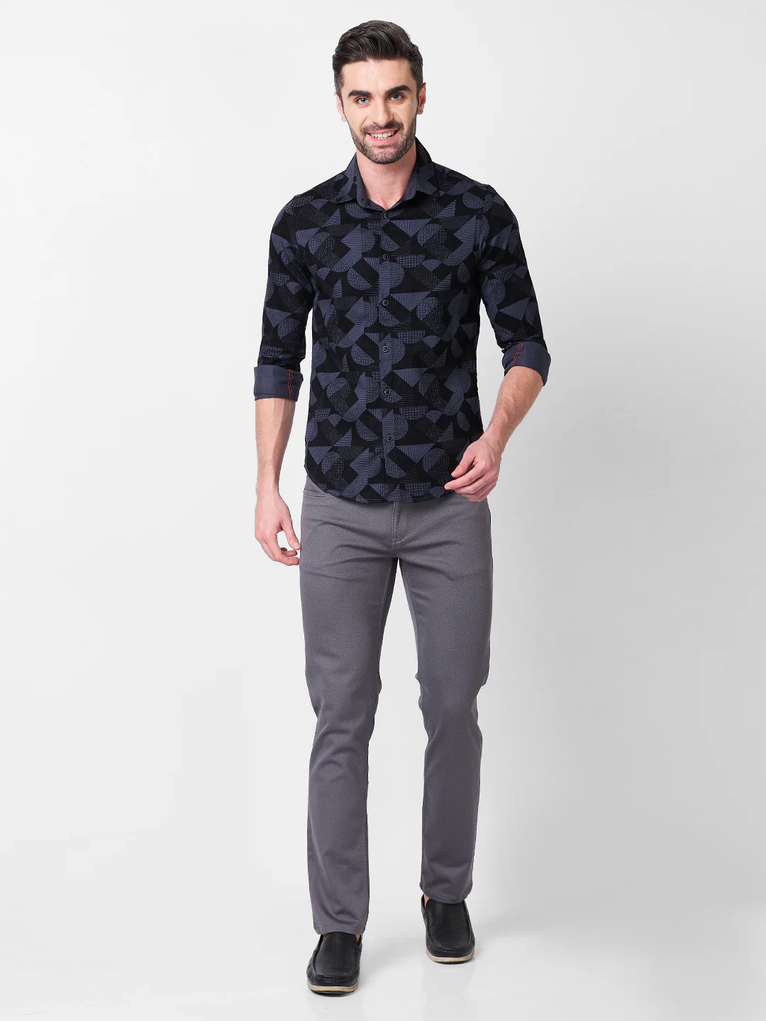 Full sleeves Slim Fit Slate Grey Angular Shapes Print Shirt - Image 4