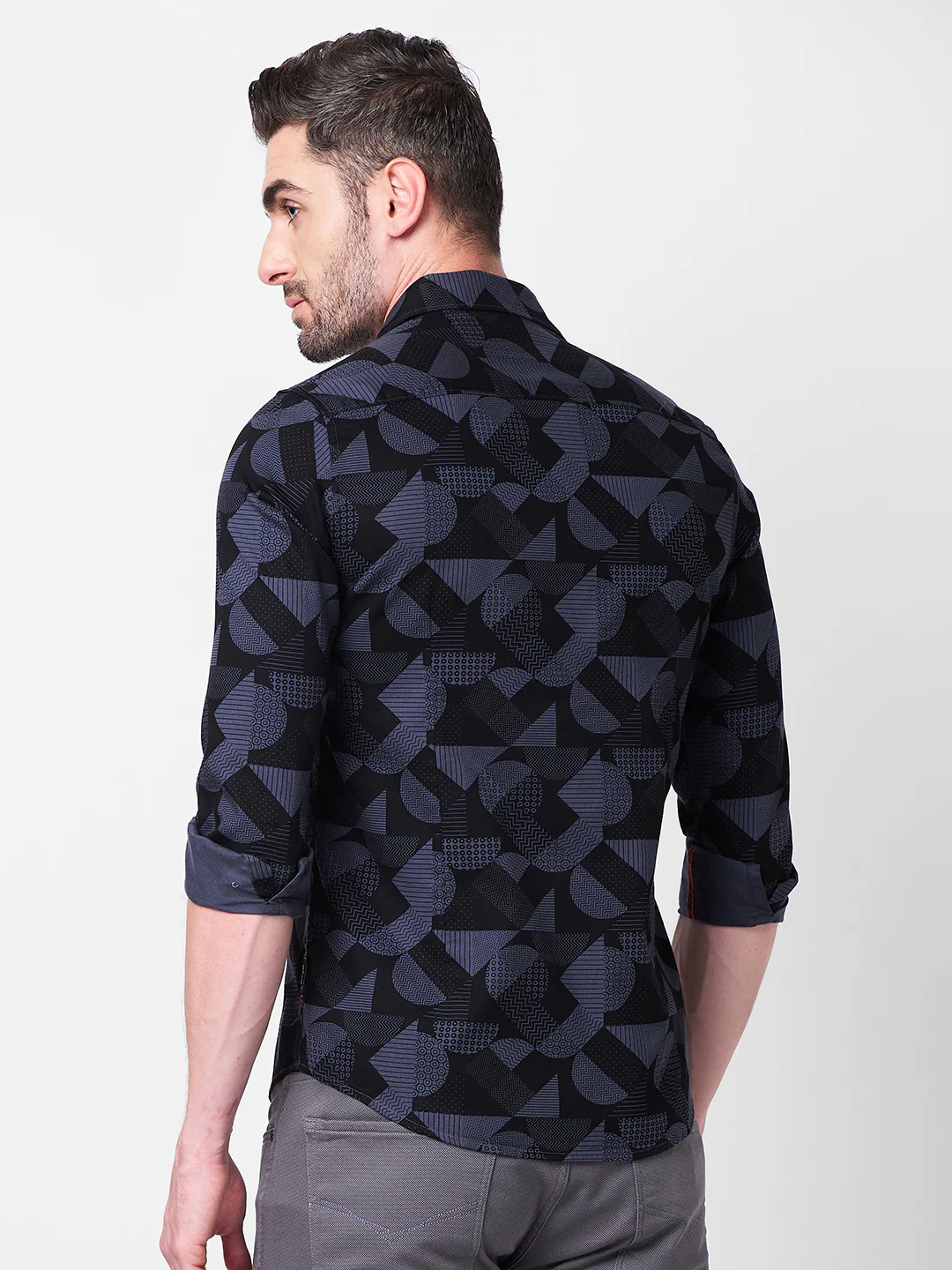 Full sleeves Slim Fit Slate Grey Angular Shapes Print Shirt - Image 5