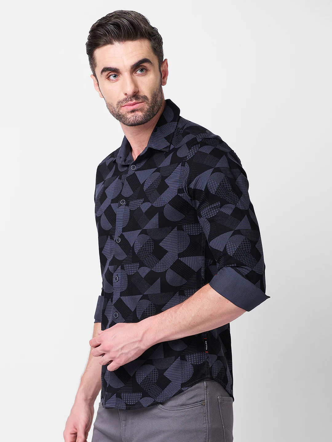 Full sleeves Slim Fit Slate Grey Angular Shapes Print Shirt - Image 6