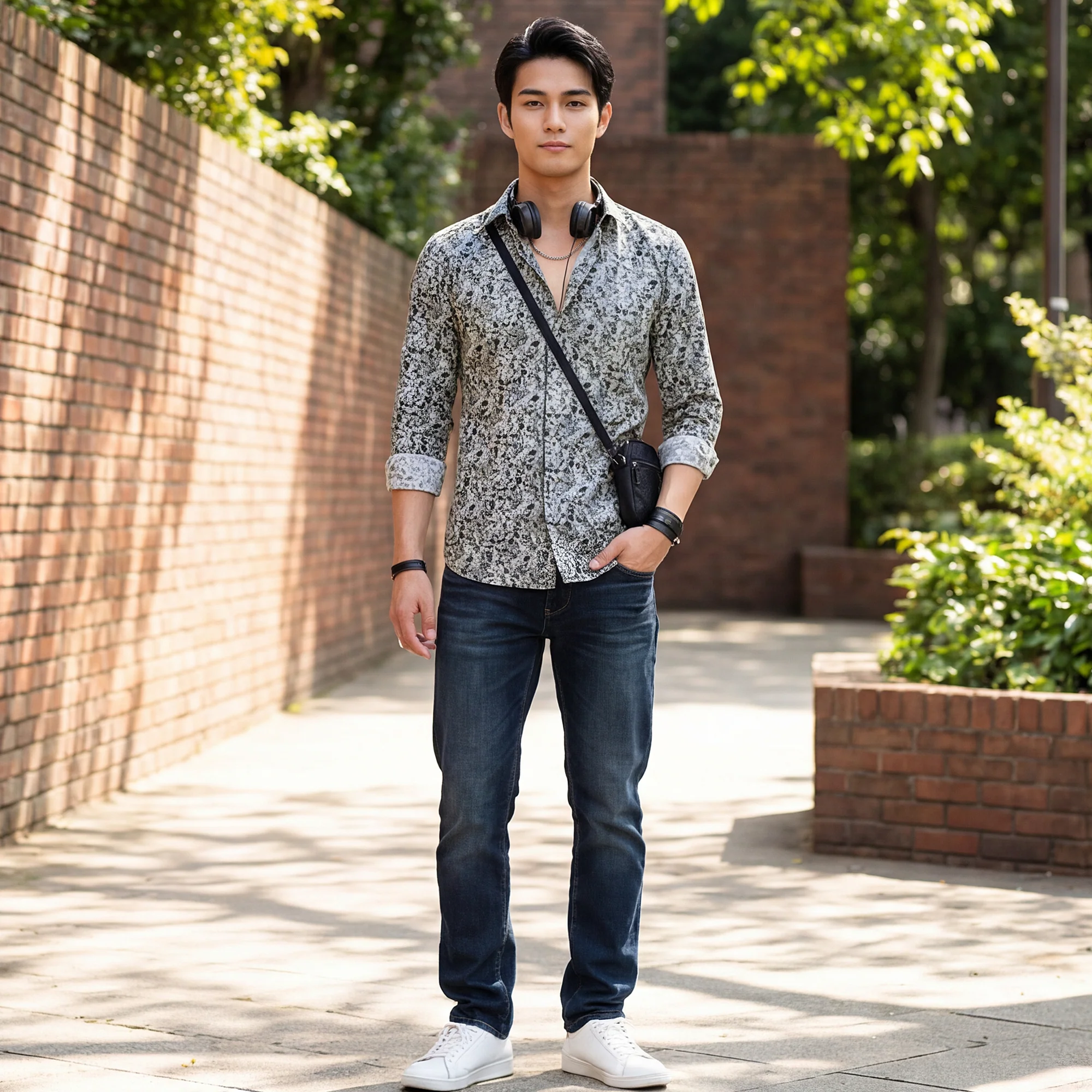 Full Sleeves Slim Fit Grey  All-Over Abstract Floral Print Shirt