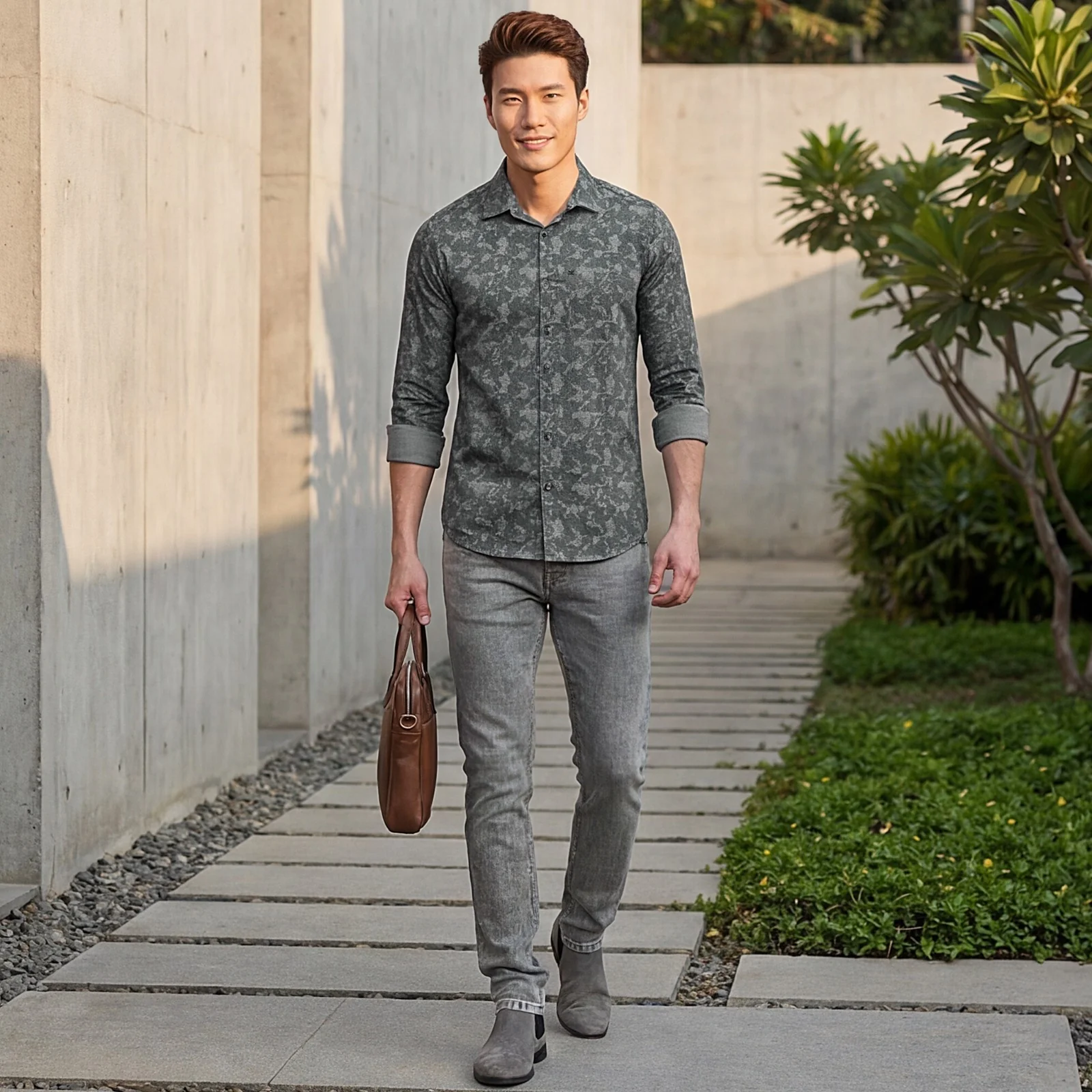 Full sleeves Slim Fit Grey Camau Printed Satin Shirt