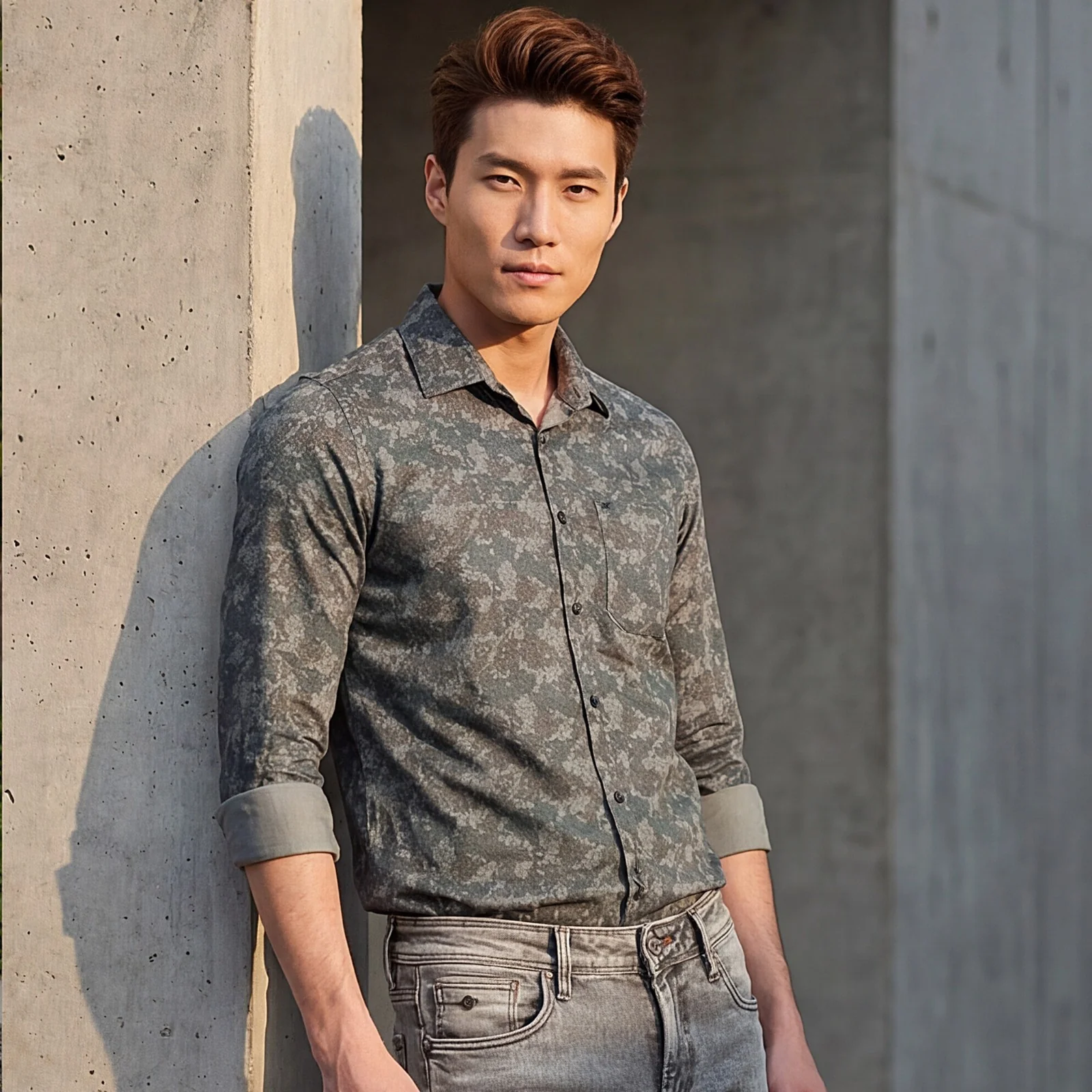 Full sleeves Slim Fit Grey Camau Printed Satin Shirt - Image 2