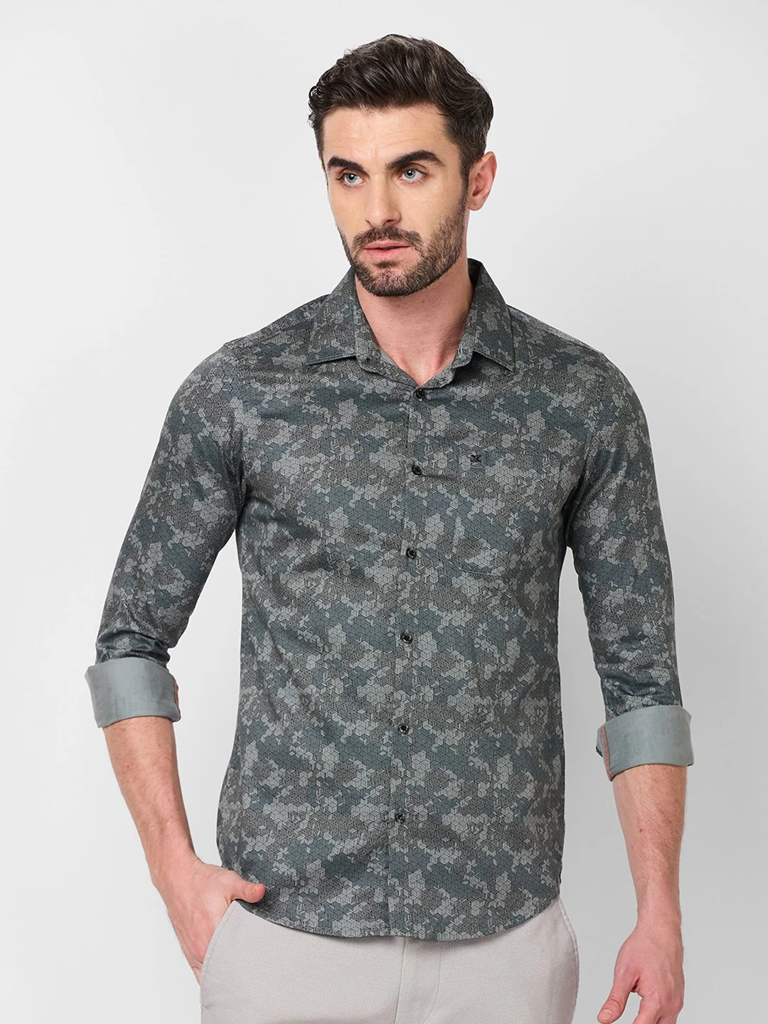 Full sleeves Slim Fit Grey Camau Printed Satin Shirt - Image 3