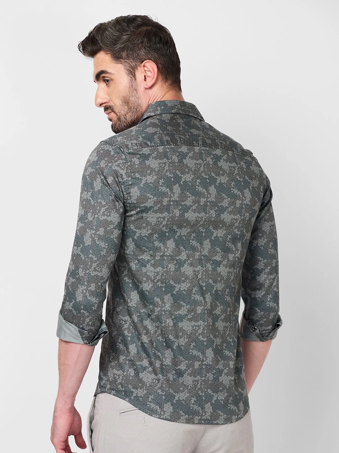 Full sleeves Slim Fit Grey Camau Printed Satin Shirt - Image 5