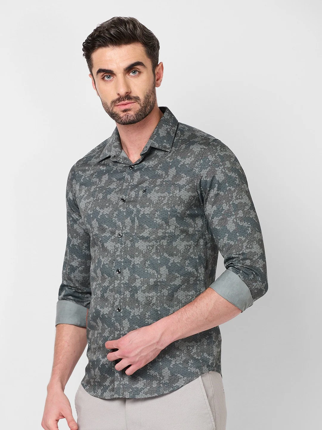 Full sleeves Slim Fit Grey Camau Printed Satin Shirt - Image 6