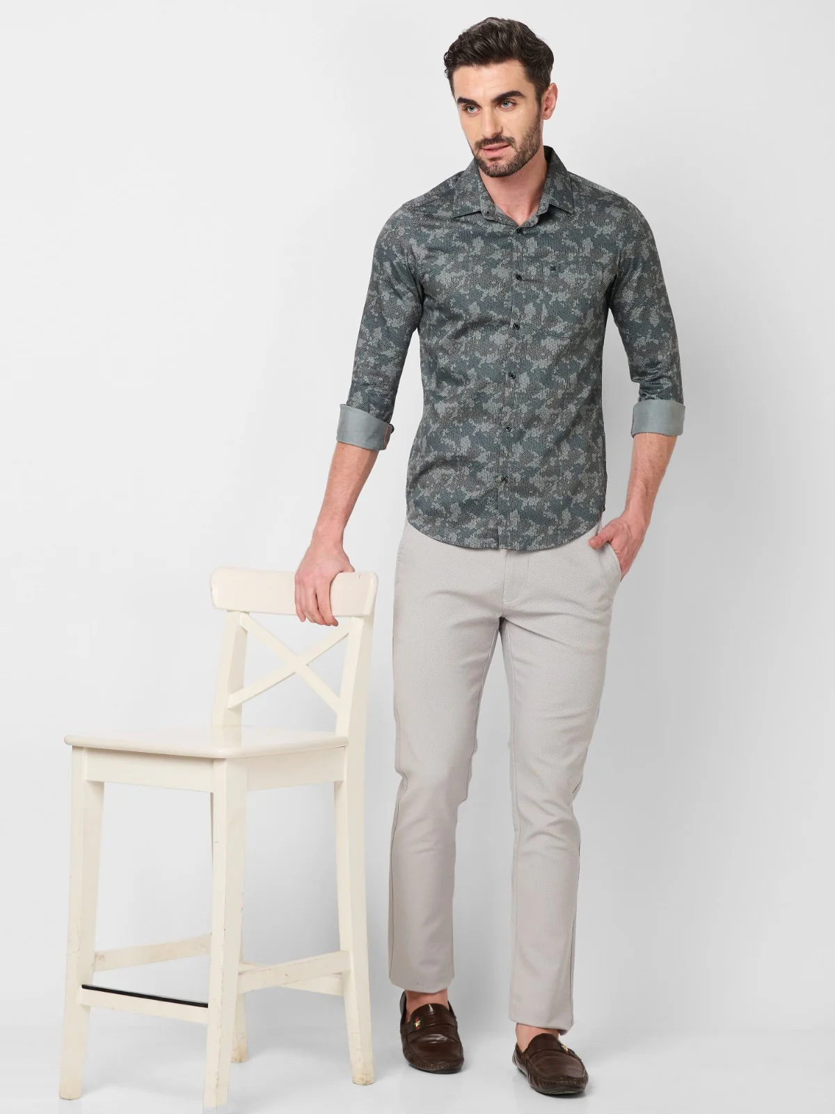 Full sleeves Slim Fit Grey Camau Printed Satin Shirt - Image 8