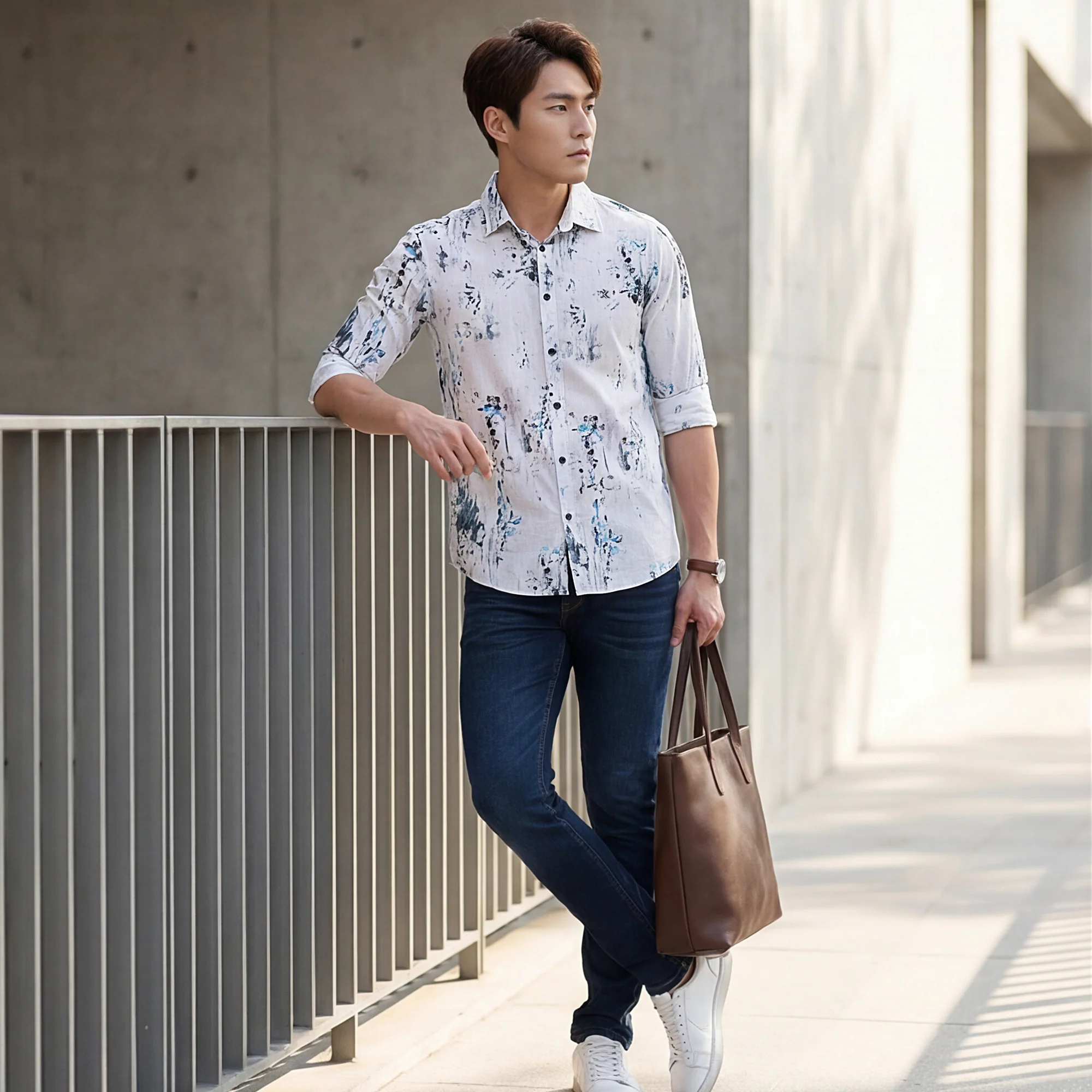 Full sleeves Slim Fit Grey All-Over Distressed texture Print Shirt