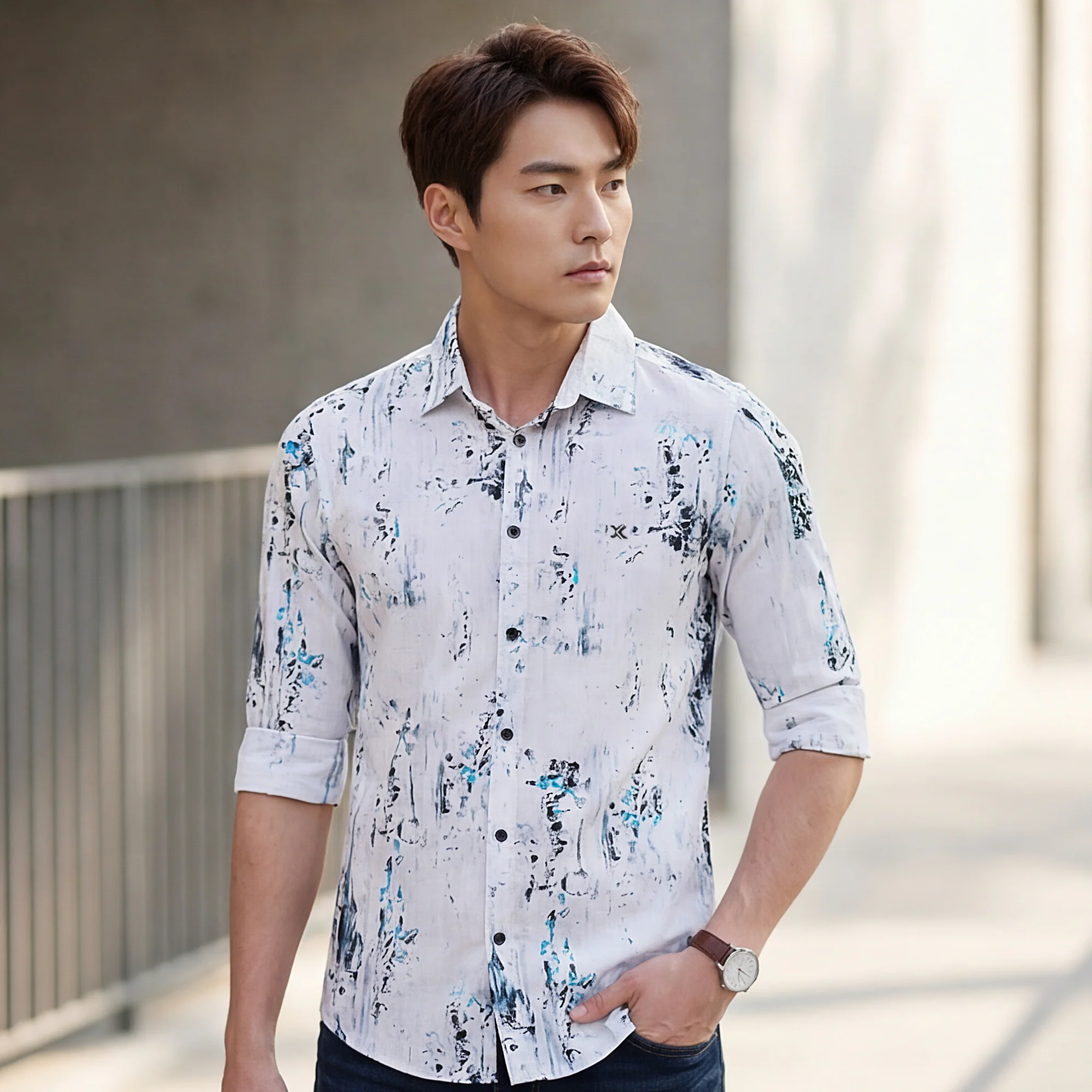 Full sleeves Slim Fit Grey All-Over Distressed texture Print Shirt - Image 2
