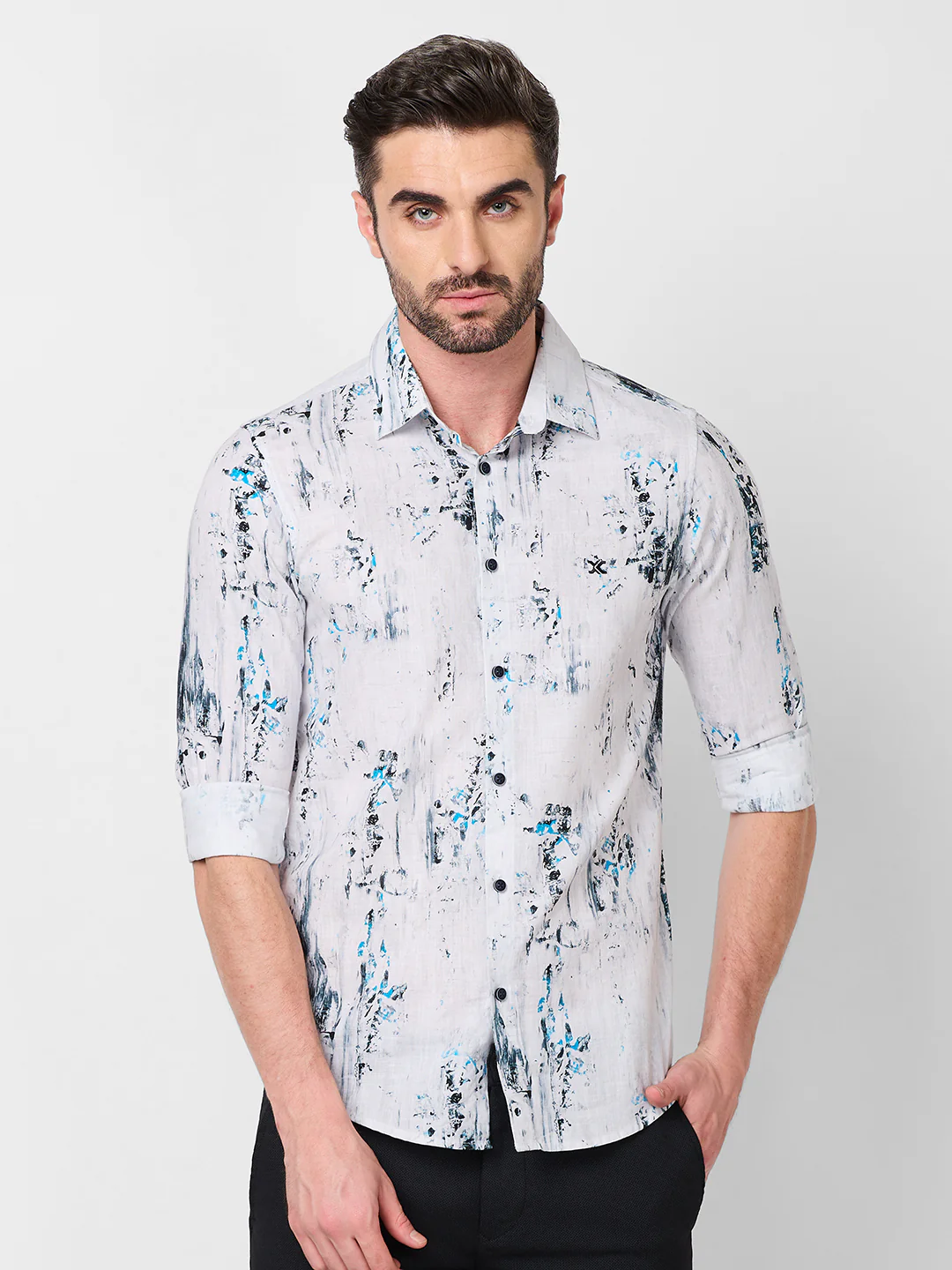 Full sleeves Slim Fit Grey All-Over Distressed texture Print Shirt - Image 3