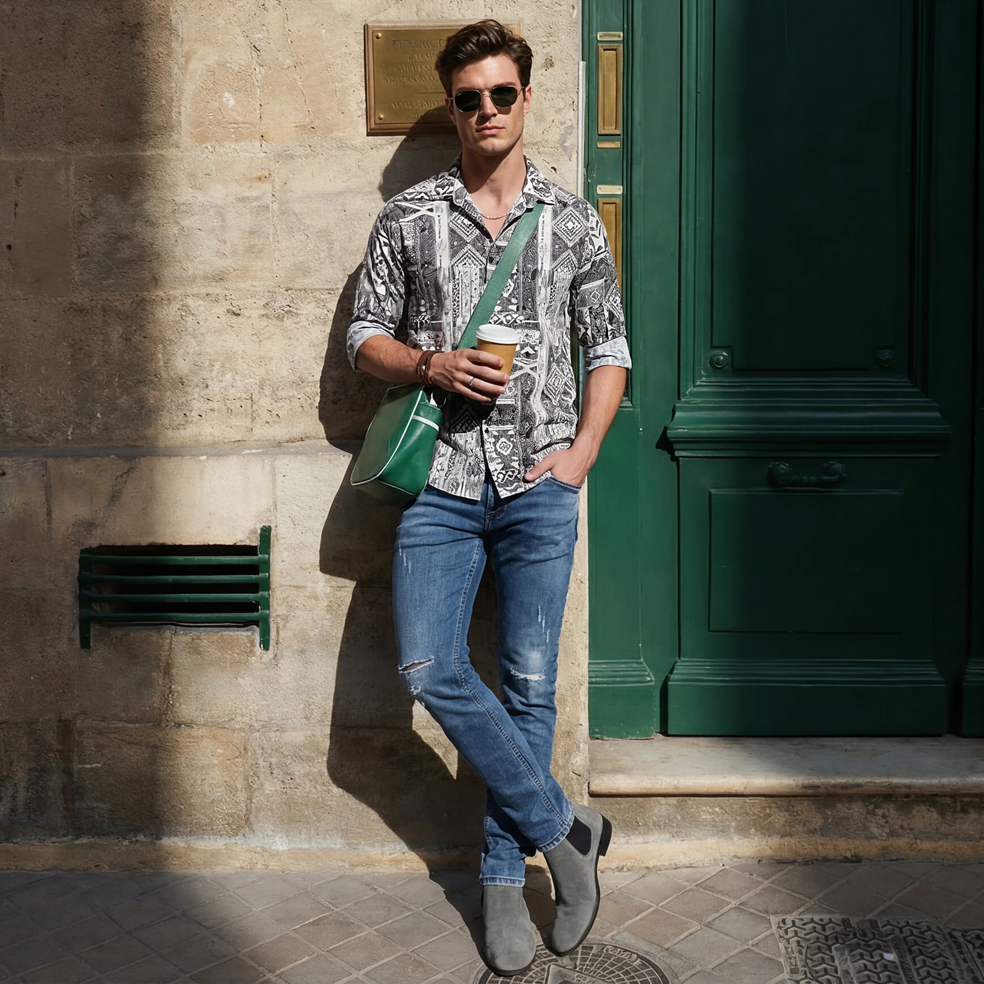 Full sleeves Slim Fit Grey Tribal Geometric Motif Print Shirt