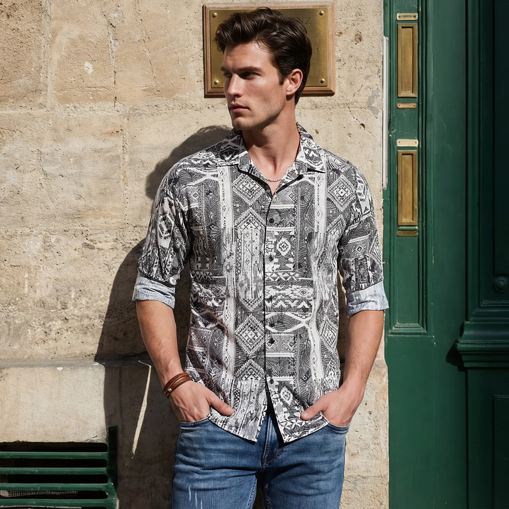 Full sleeves Slim Fit Grey Tribal Geometric Motif Print Shirt - Image 2