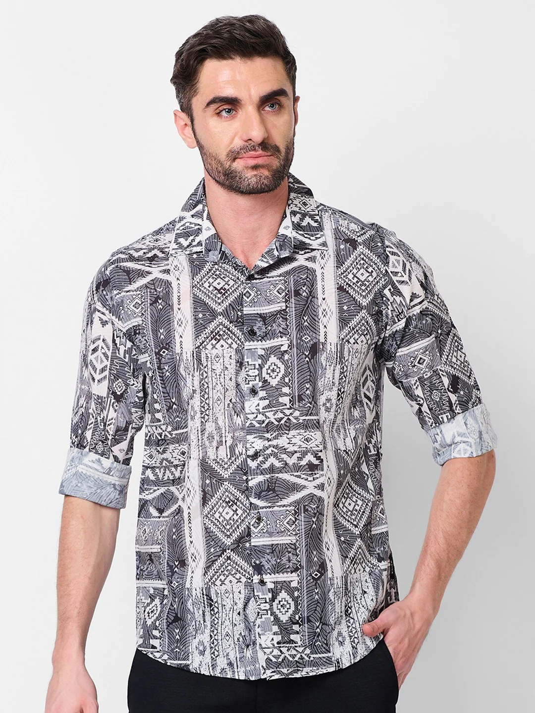 Full sleeves Slim Fit Grey Tribal Geometric Motif Print Shirt - Image 3