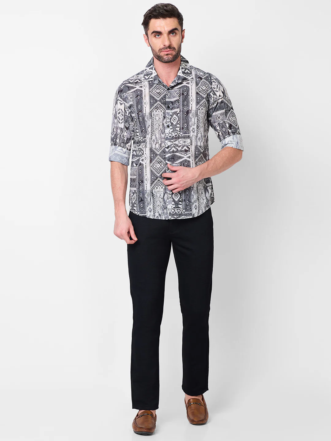 Full sleeves Slim Fit Grey Tribal Geometric Motif Print Shirt - Image 4