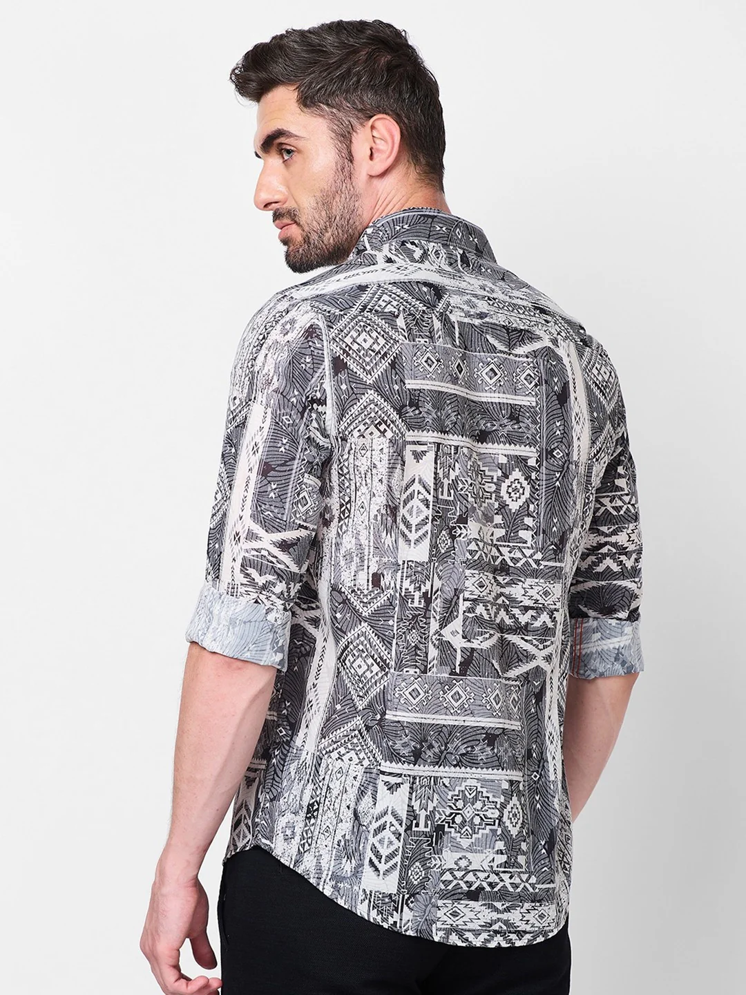 Full sleeves Slim Fit Grey Tribal Geometric Motif Print Shirt - Image 5