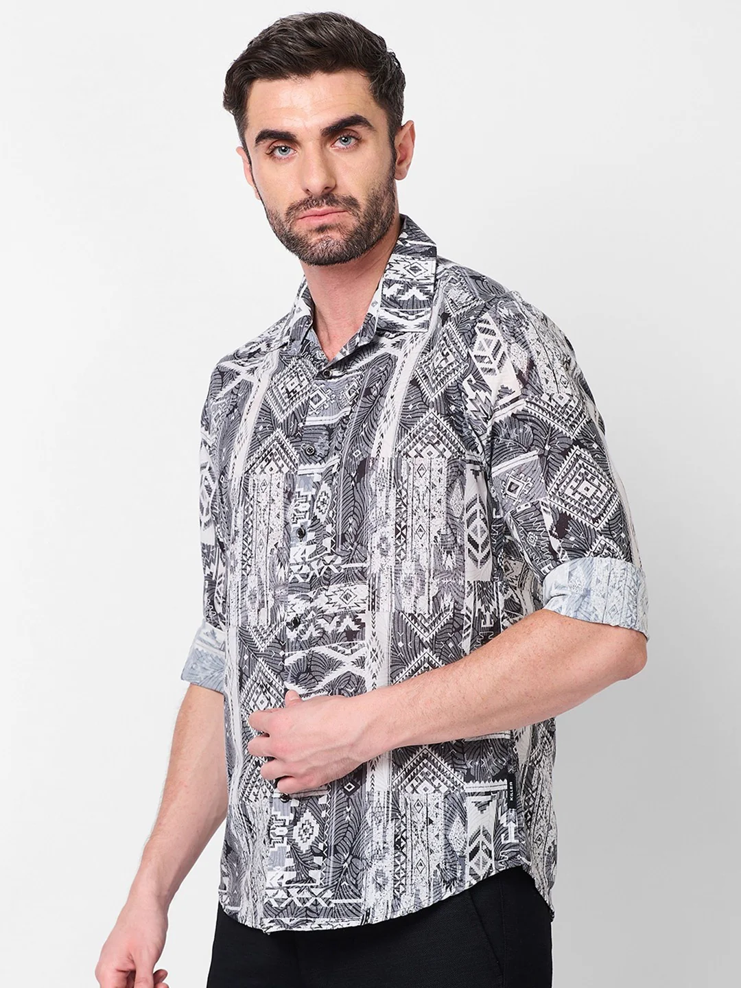 Full sleeves Slim Fit Grey Tribal Geometric Motif Print Shirt - Image 6