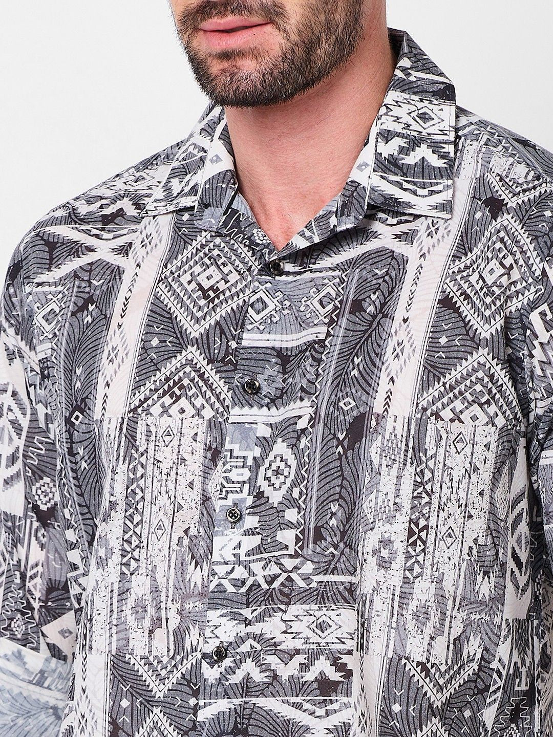 Full sleeves Slim Fit Grey Tribal Geometric Motif Print Shirt - Image 7