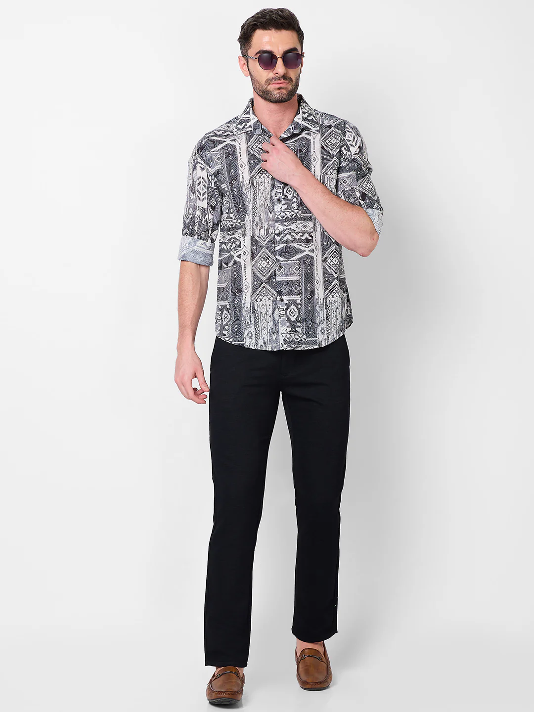 Full sleeves Slim Fit Grey Tribal Geometric Motif Print Shirt - Image 8