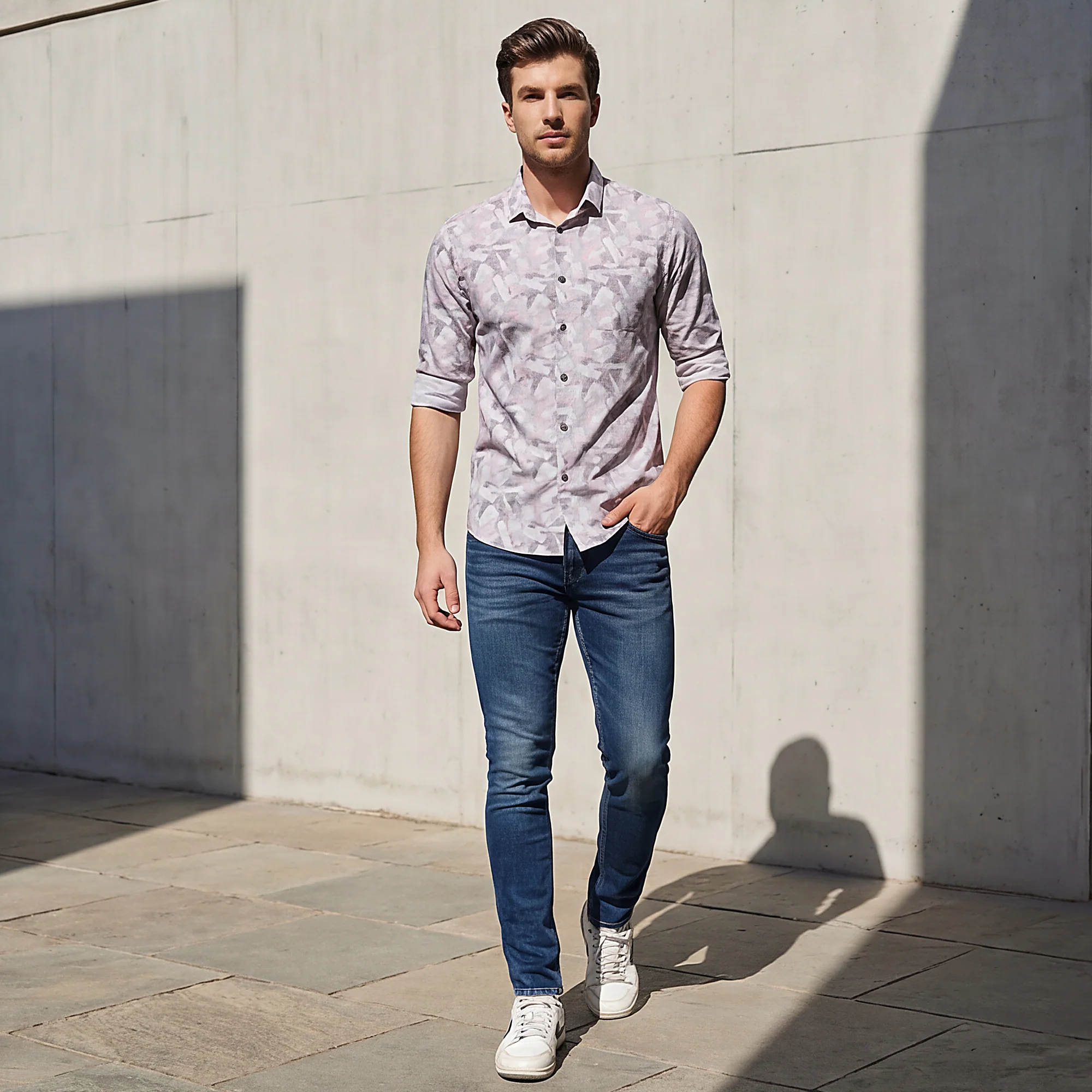 Full sleeves Slim Fit Grey Abstract Geometric Print Shirt