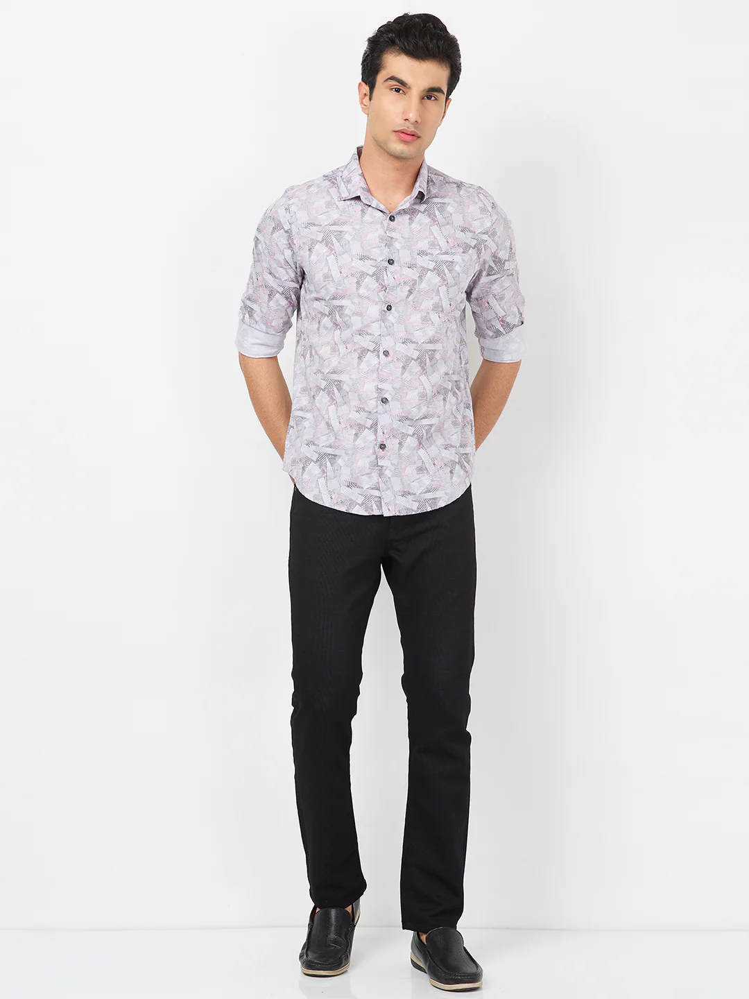 Full sleeves Slim Fit Grey Abstract Geometric Print Shirt - Image 3