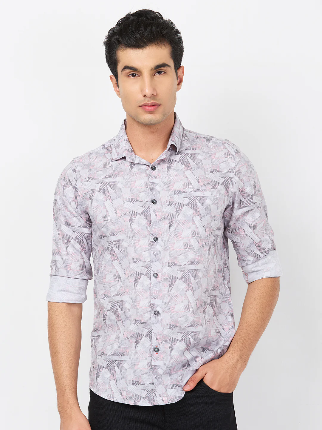 Full sleeves Slim Fit Grey Abstract Geometric Print Shirt - Image 4