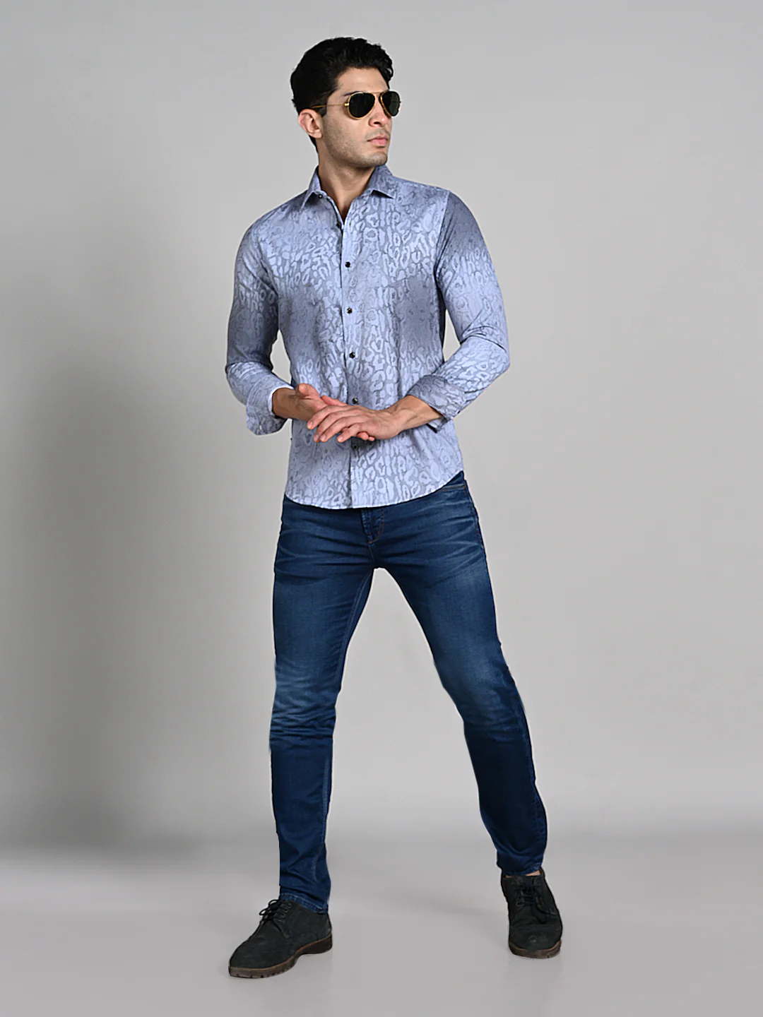 Full Sleeves Slim Fit Grey All over Abstract Round Foil Textured Print Shirt - Image 3